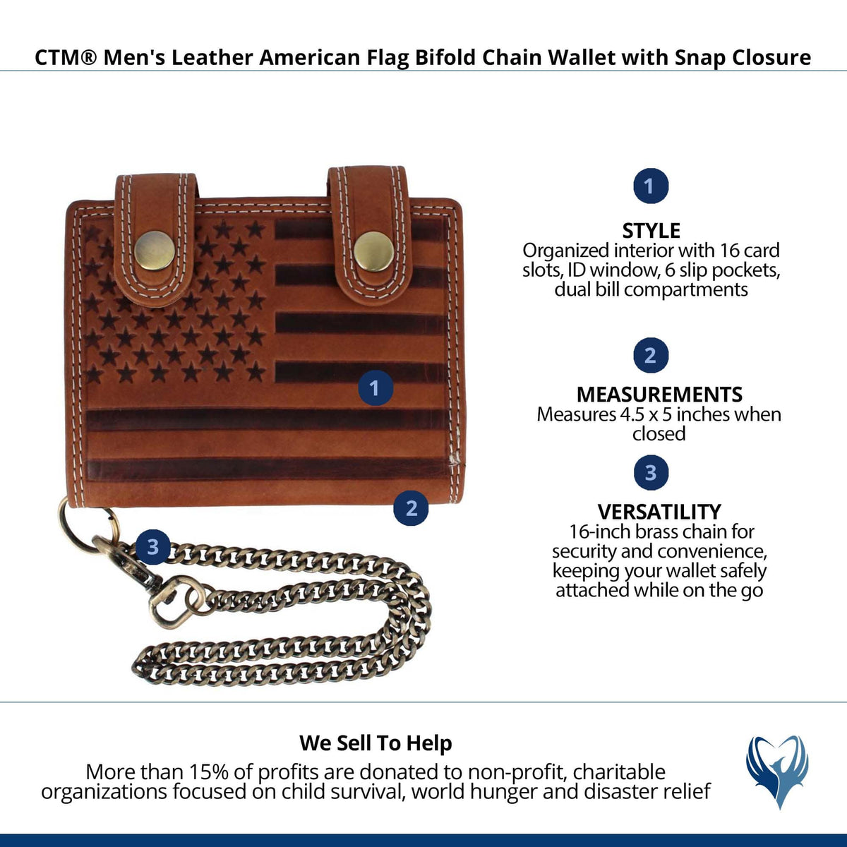 CTM® Men's Leather American Flag Bifold Chain Wallet with Snap Closure - Tan