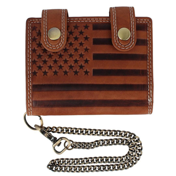Men's Leather American Flag Bifold Chain Wallet with Snap Closure