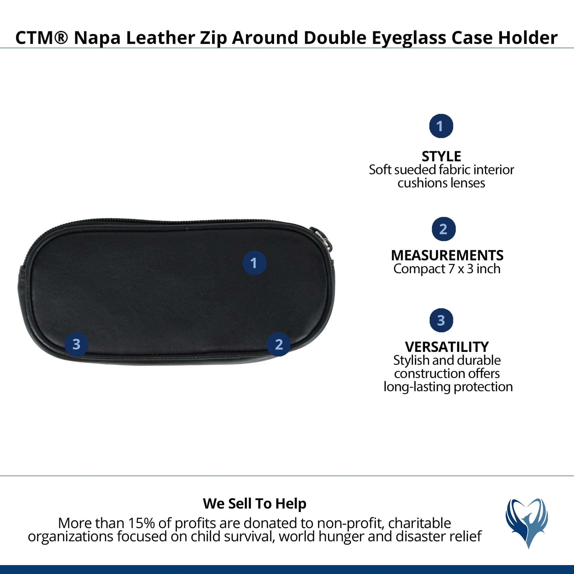 CTM® Napa Leather Zip Around Double Eyeglass Case Holder - Black