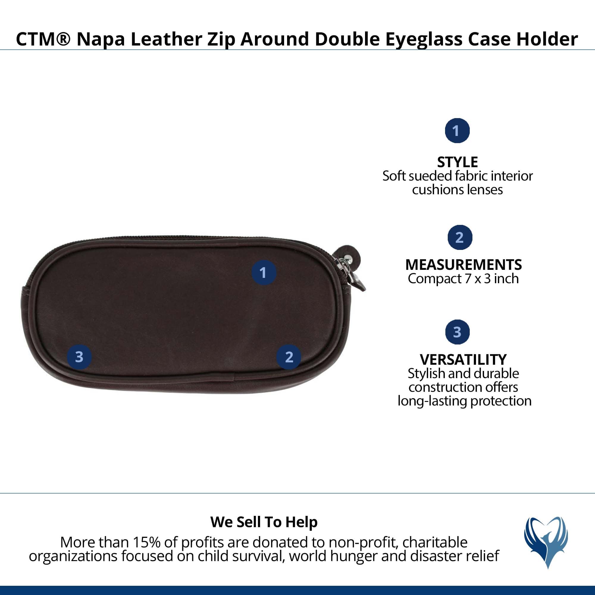 CTM® Napa Leather Zip Around Double Eyeglass Case Holder - Brown