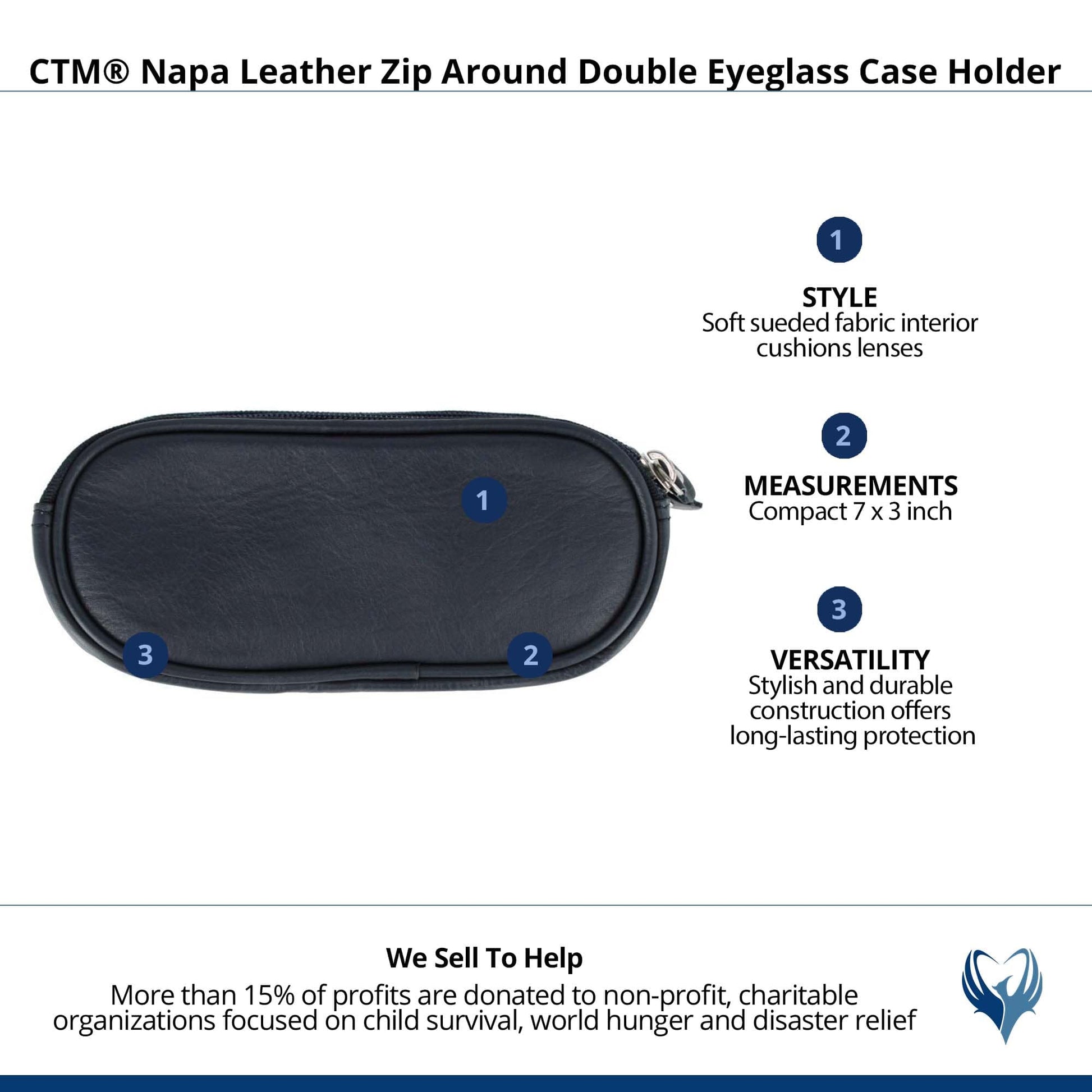 CTM® Napa Leather Zip Around Double Eyeglass Case Holder - Navy