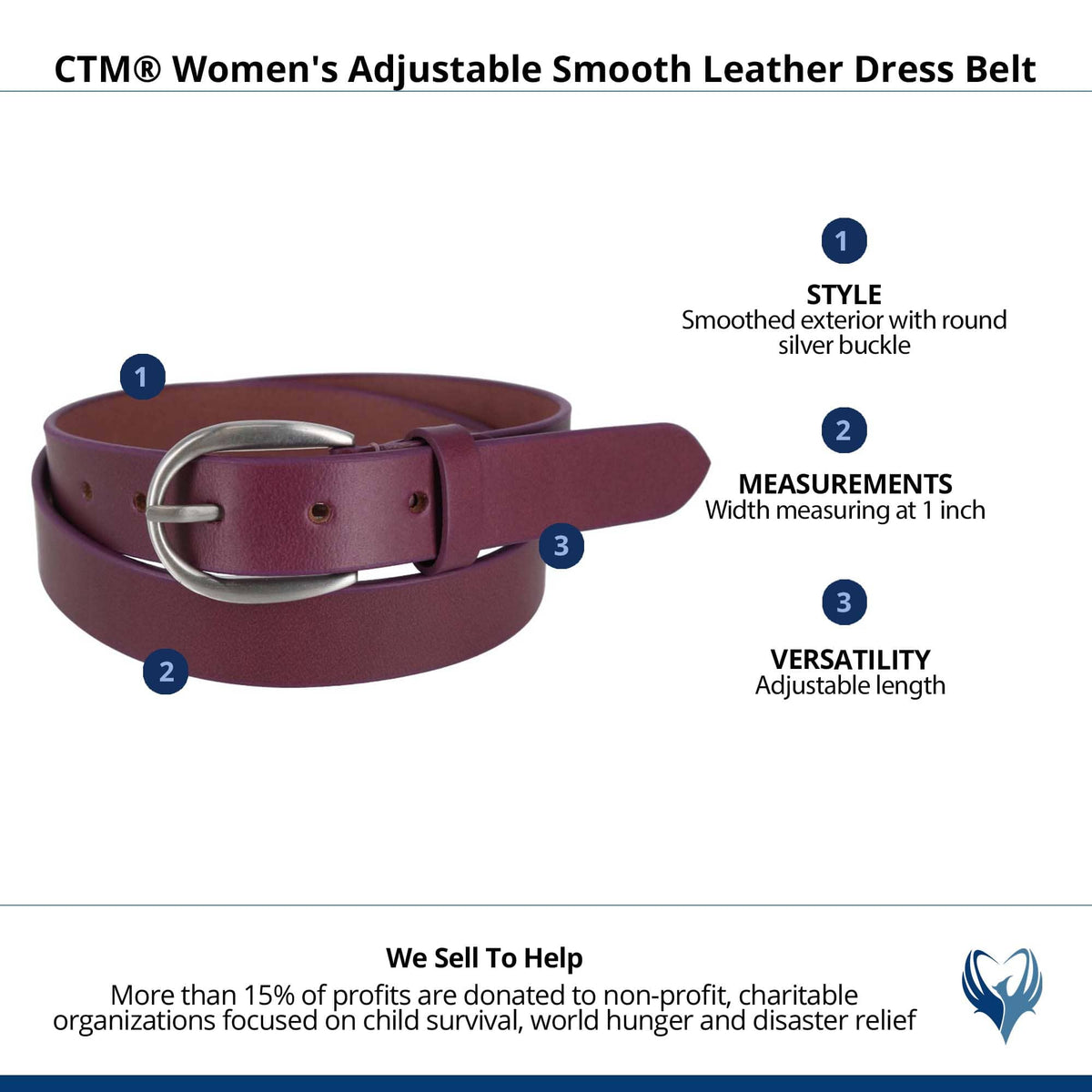 CTM® Women's Adjustable Smooth Leather Dress Belt - Purple