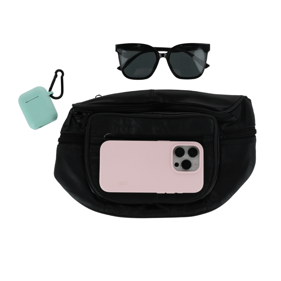 CTM® Leather Multi Pocket Fanny Waist Pack - Black