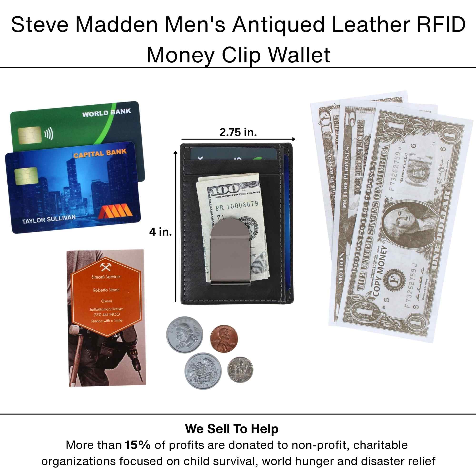 Steve Madden Men's Antiqued Leather RFID Money Clip Wallet - Black