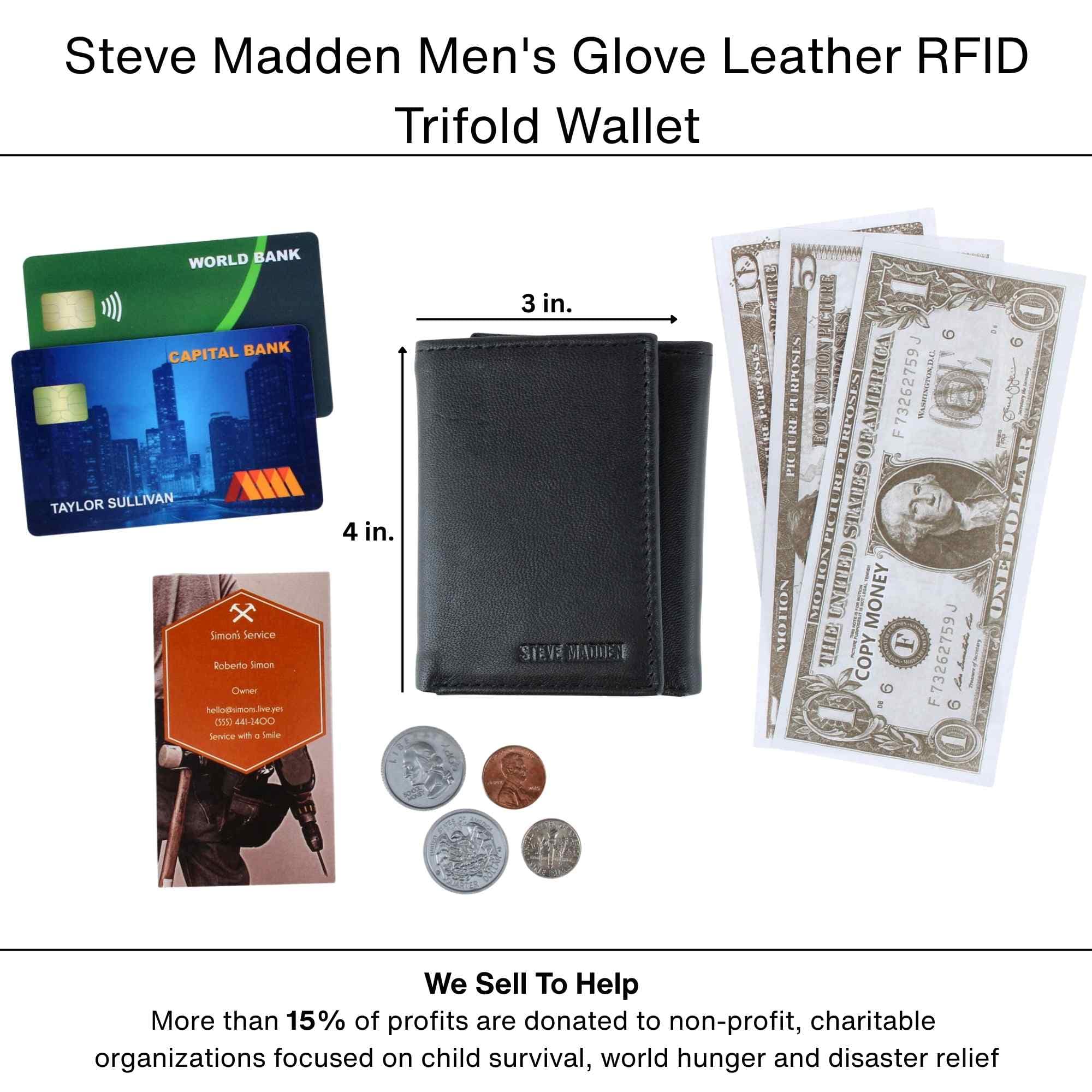 Steve Madden Men's Glove Leather RFID Trifold Wallet - Black