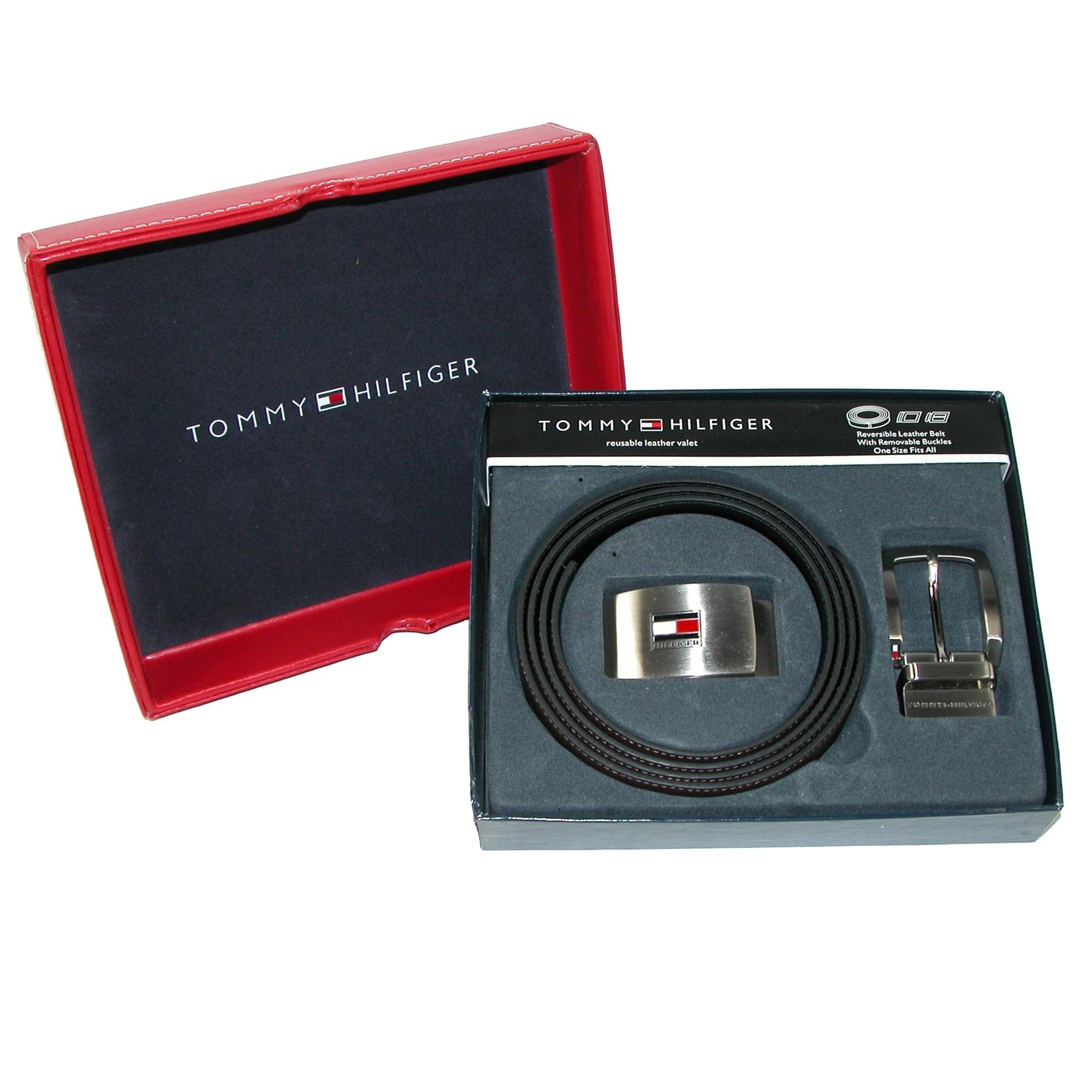 Tommy Hilfiger Men's Reversible Leather Belt and Buckles Boxed Gift Set - Black