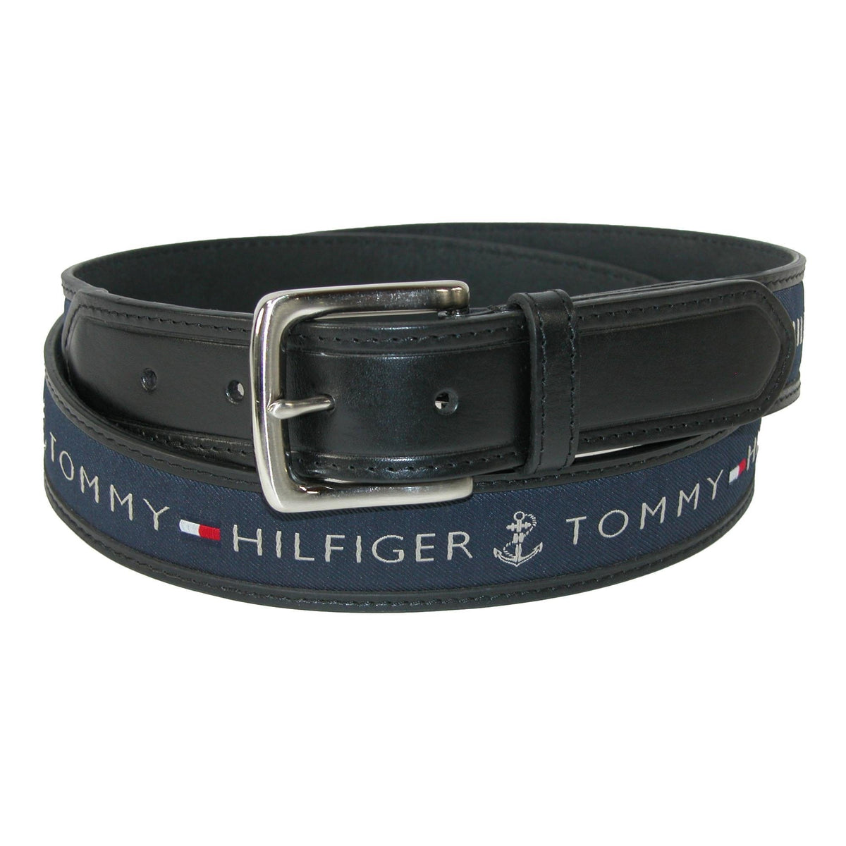 Tommy Hilfiger Men's Leather Casual Belt with Fabric Inlay - Black with Navy Inlay