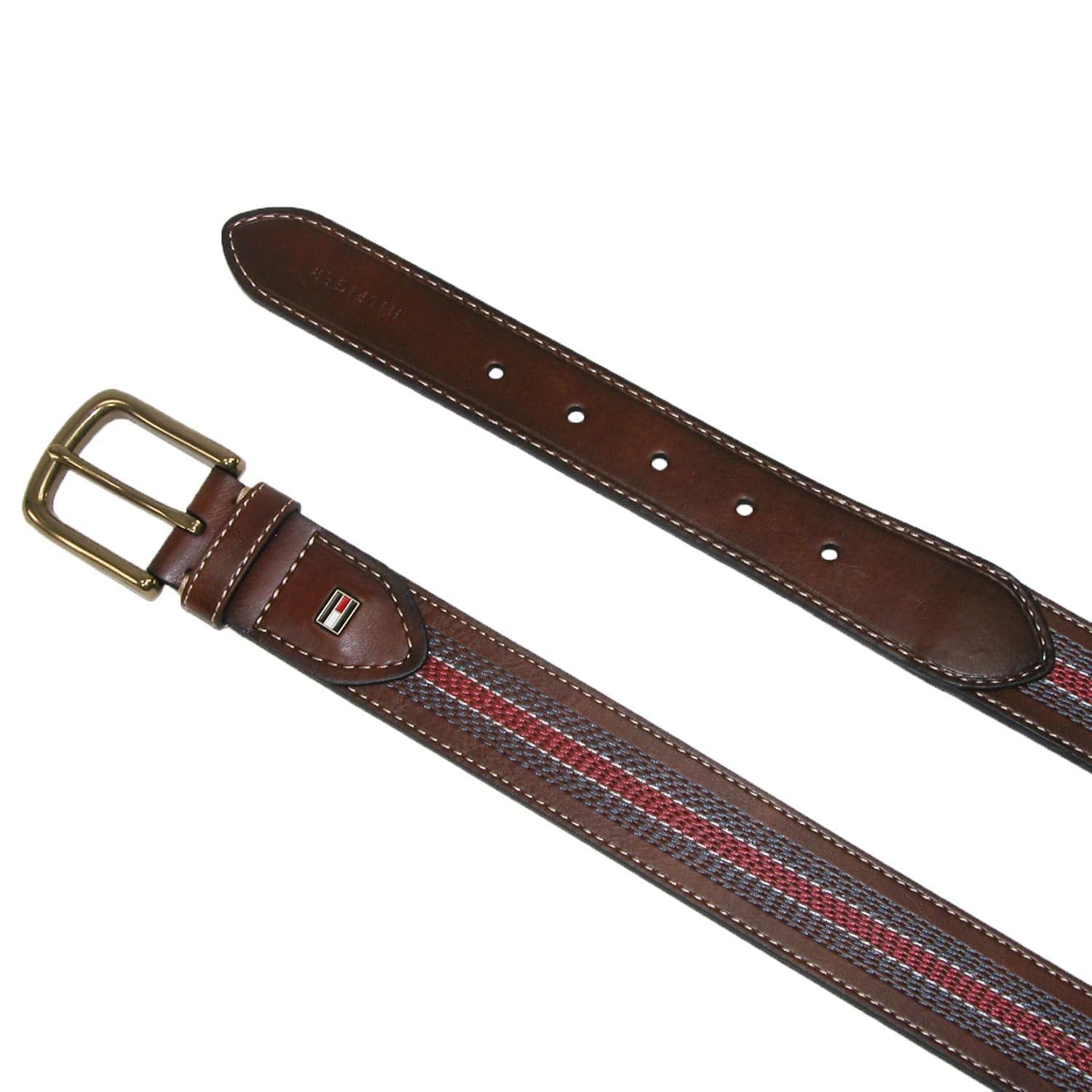 Tommy Hilfiger Men's Leather Contrast Stitch Stripe Inlay Belt - Tan