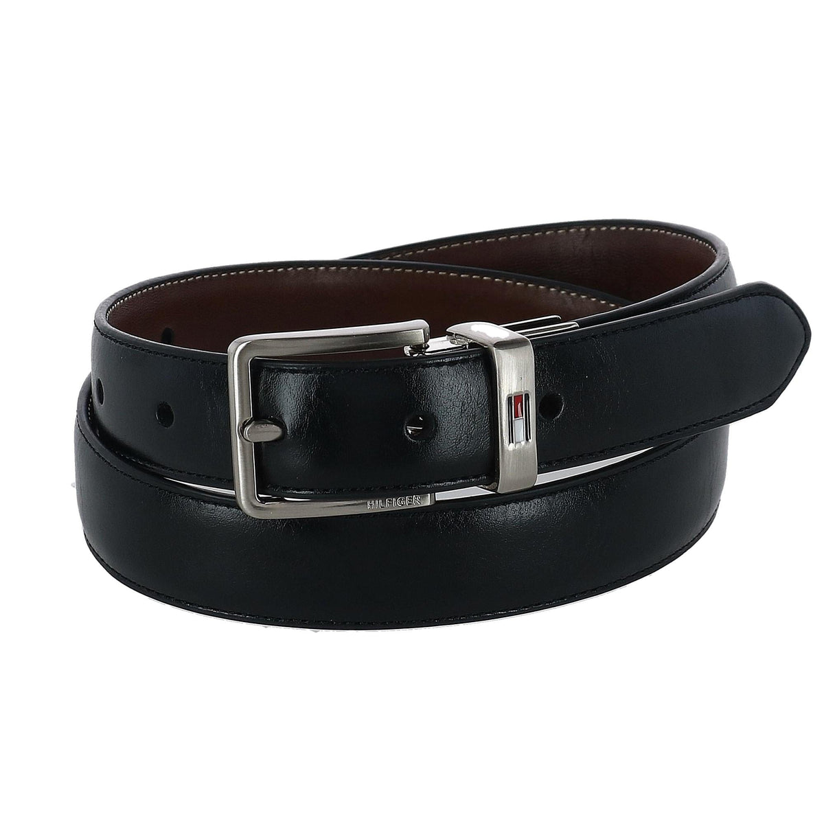 Tommy Hilfiger Boy's Stitched Feather Edge Reversible Dress Belt - Black to Cognac
