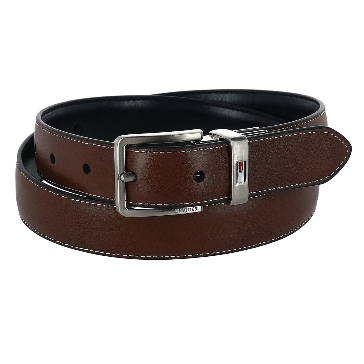 Tommy Hilfiger Boy's Stitched Feather Edge Reversible Dress Belt - Black to Cognac