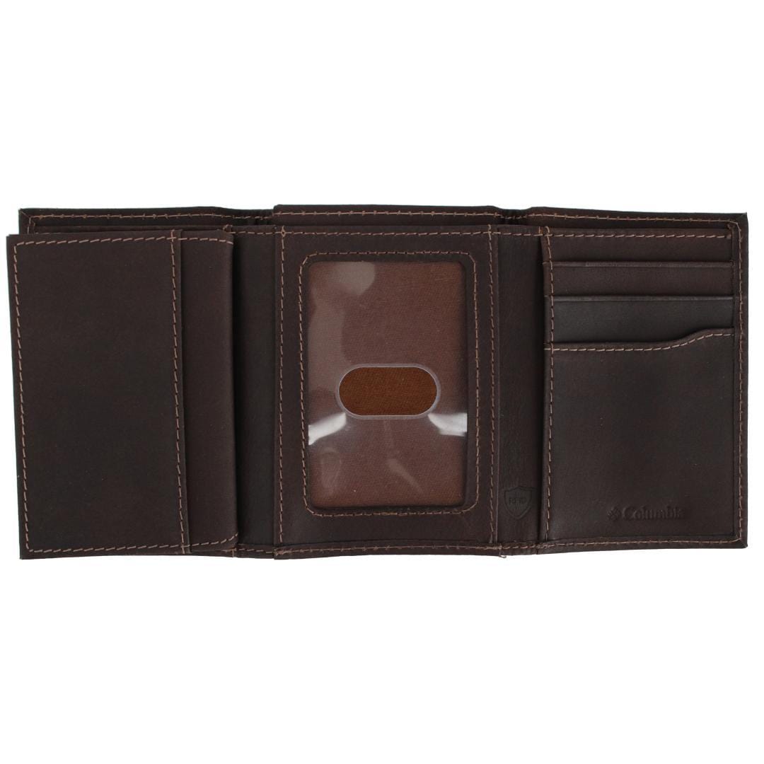Columbia Men's Leather RFID Extra Capacity Trifold Wallet with Logo Inlay - Brown