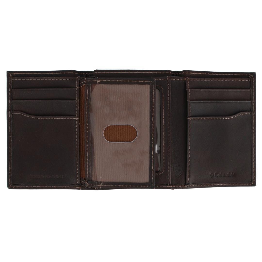 Columbia Men's Leather RFID Extra Capacity Trifold Wallet with Logo Inlay - Brown