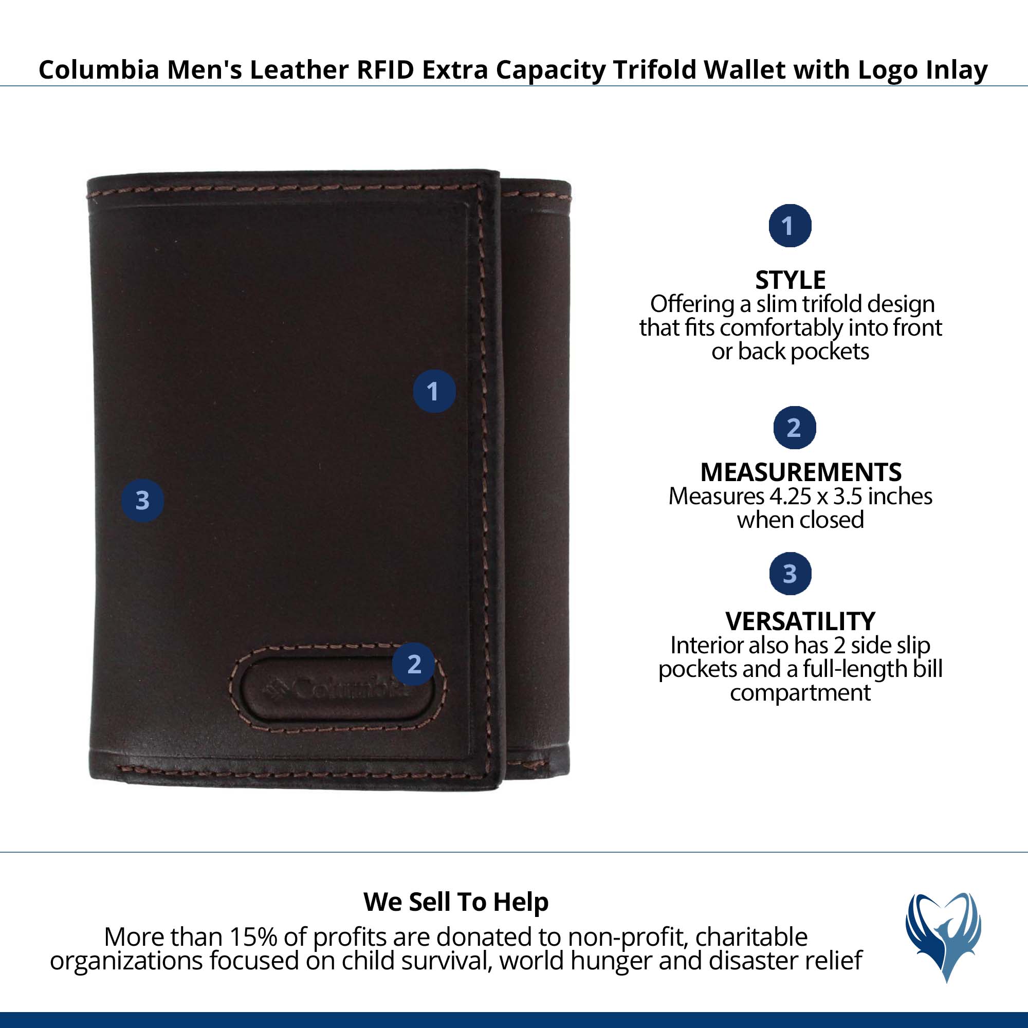Columbia Men's Leather RFID Extra Capacity Trifold Wallet with Logo Inlay - Brown
