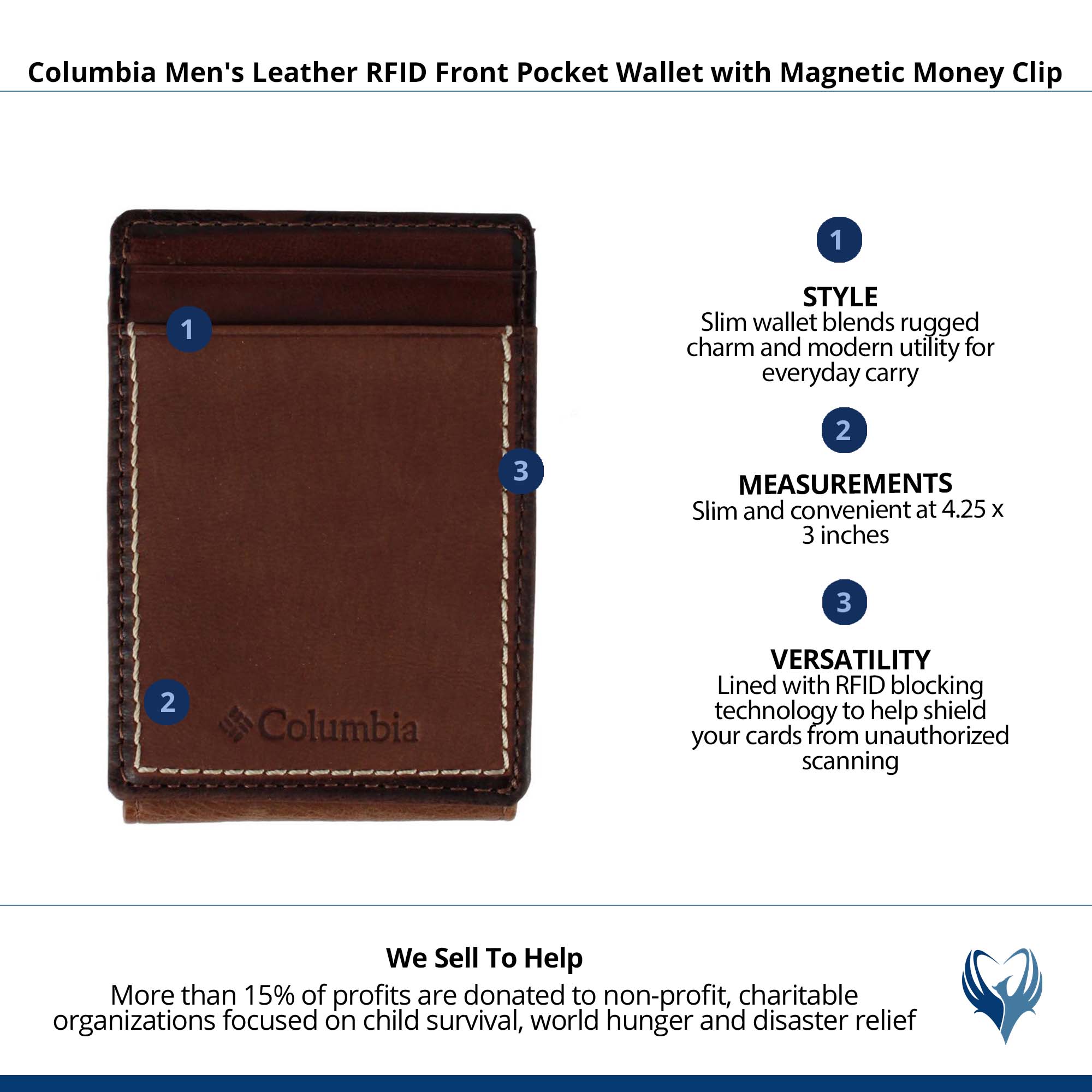 Columbia Men's Leather RFID Front Pocket Wallet with Magnetic Money Clip - Brown