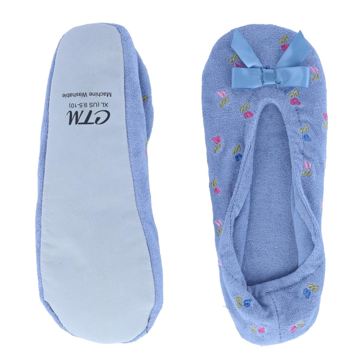 CTM® Women's Floral Embroidered Terry Ballerina Slipper House Shoe - Blue