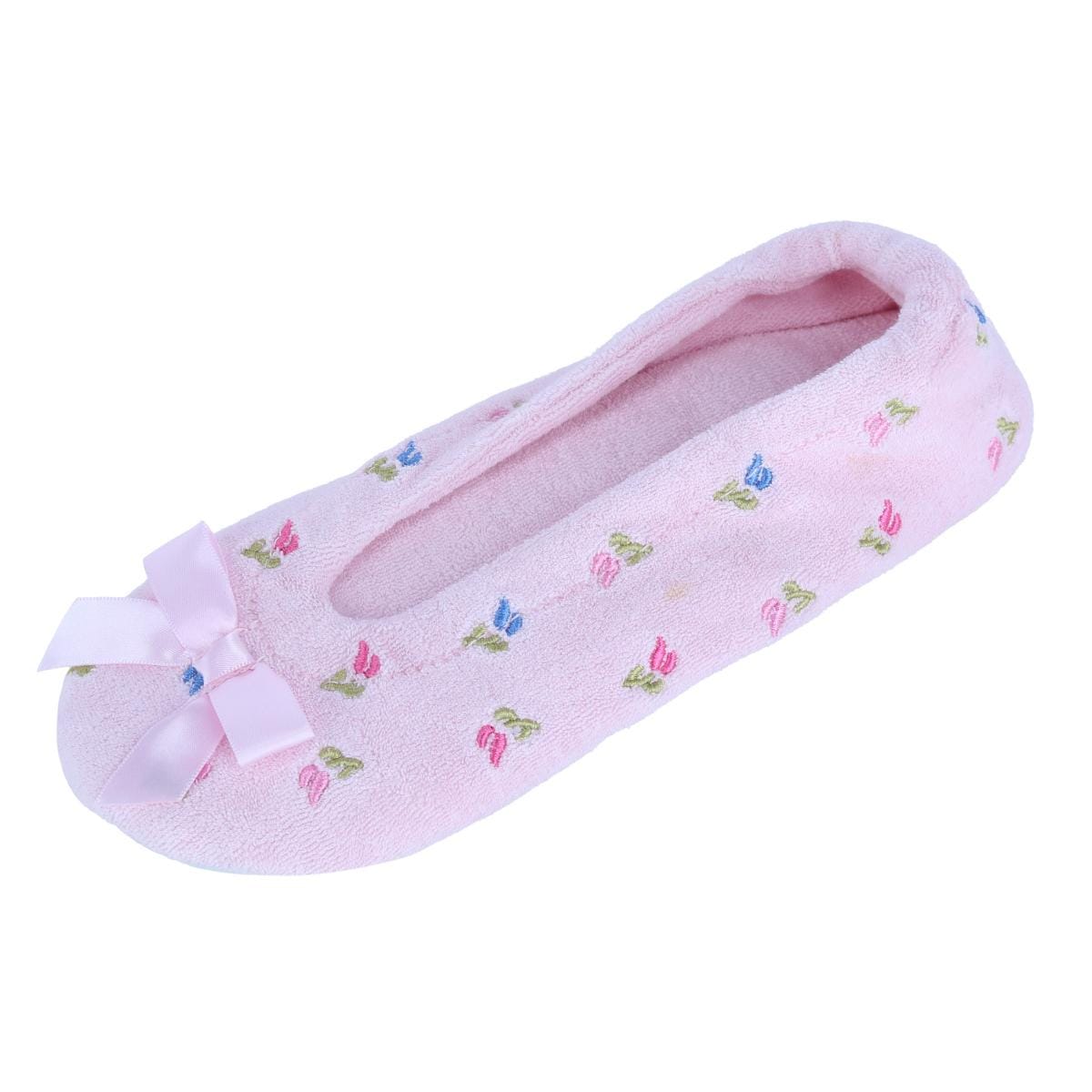 CTM® Women's Floral Embroidered Terry Ballerina Slipper House Shoe - Pink