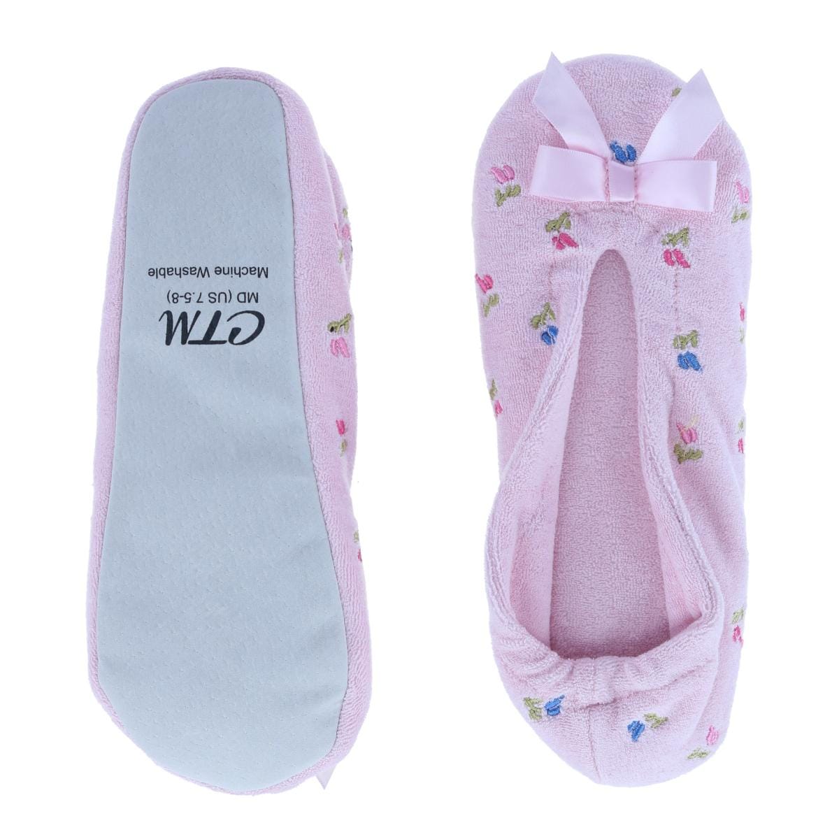 CTM® Women's Floral Embroidered Terry Ballerina Slipper House Shoe - Pink