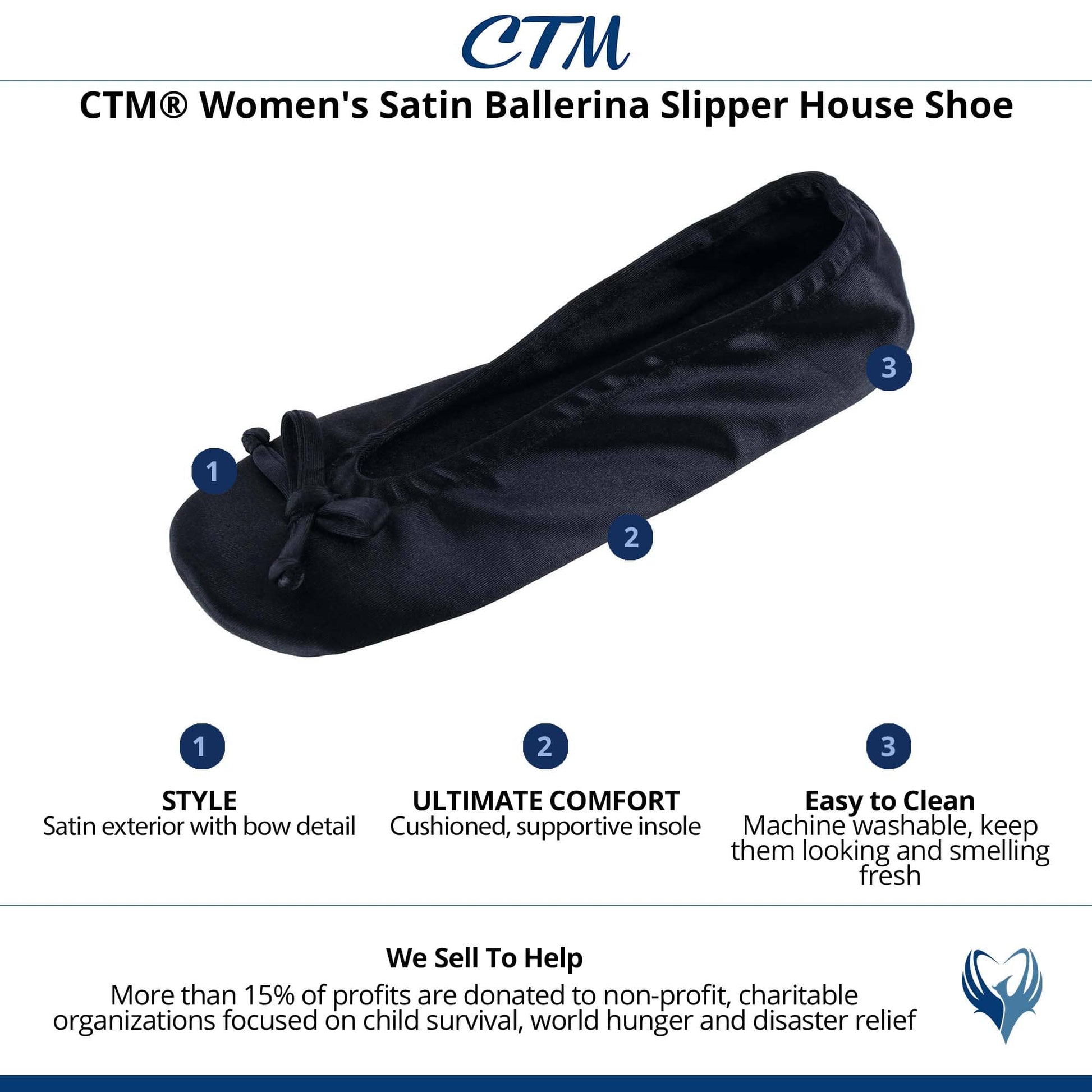 CTM® Women's Satin Ballerina Slipper House Shoe - Black