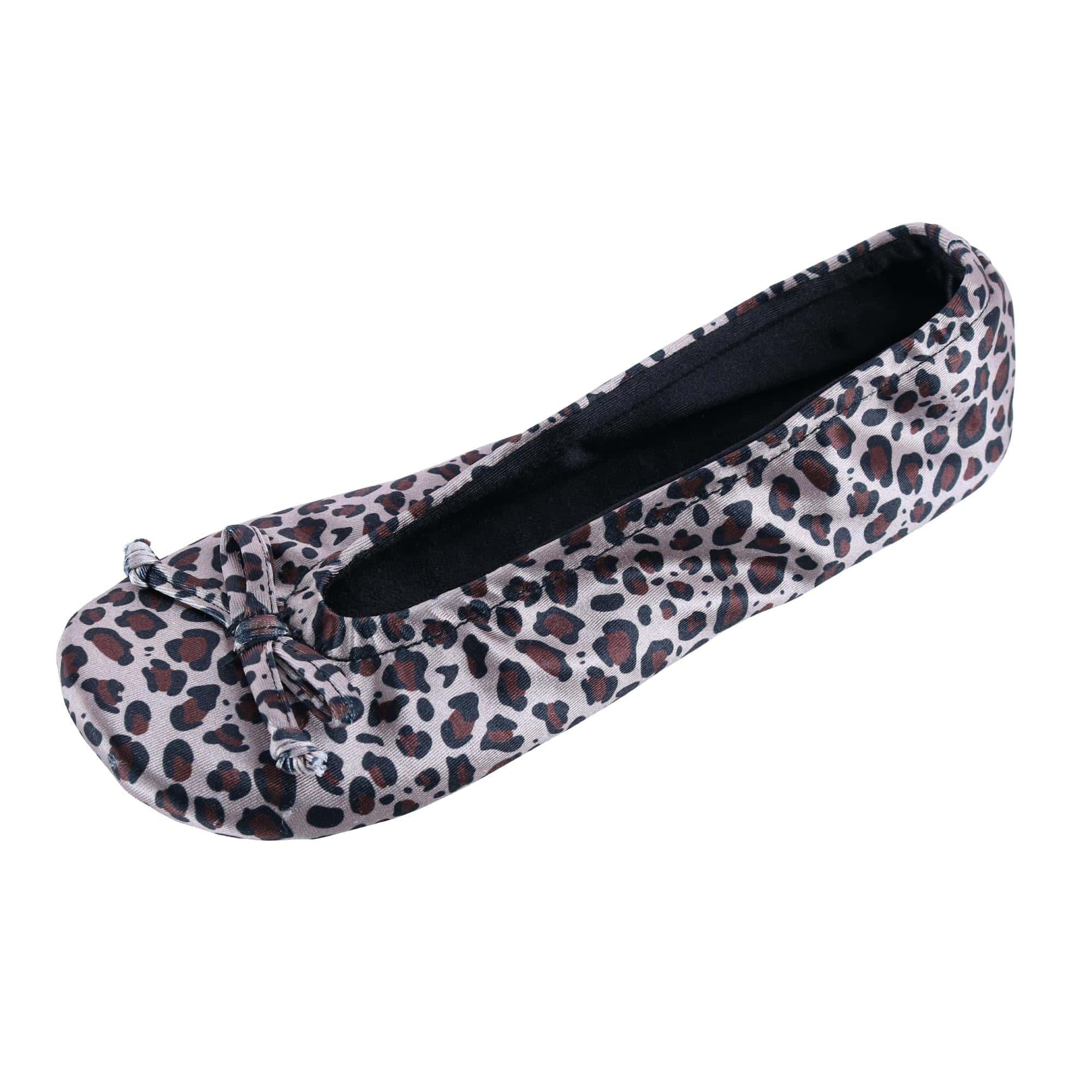 CTM® Women's Satin Ballerina Slipper House Shoe - Leopard