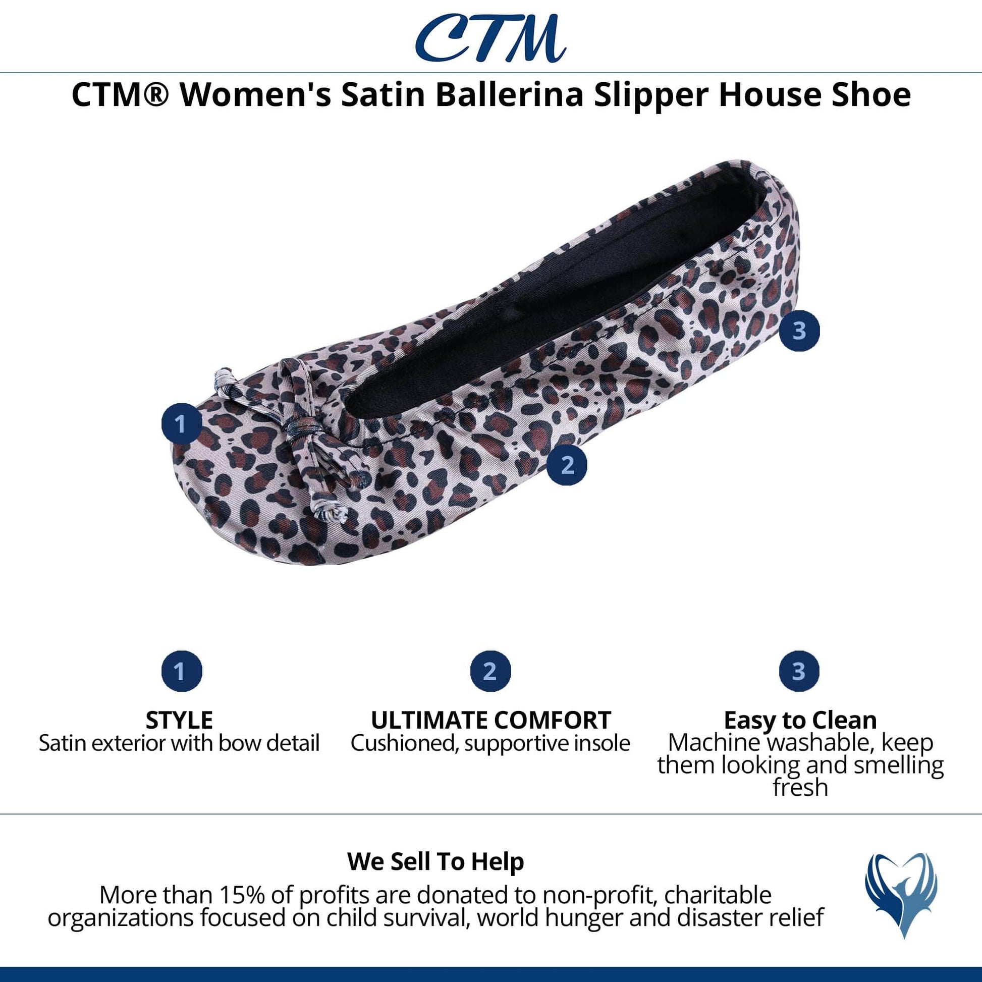 CTM® Women's Satin Ballerina Slipper House Shoe - Leopard