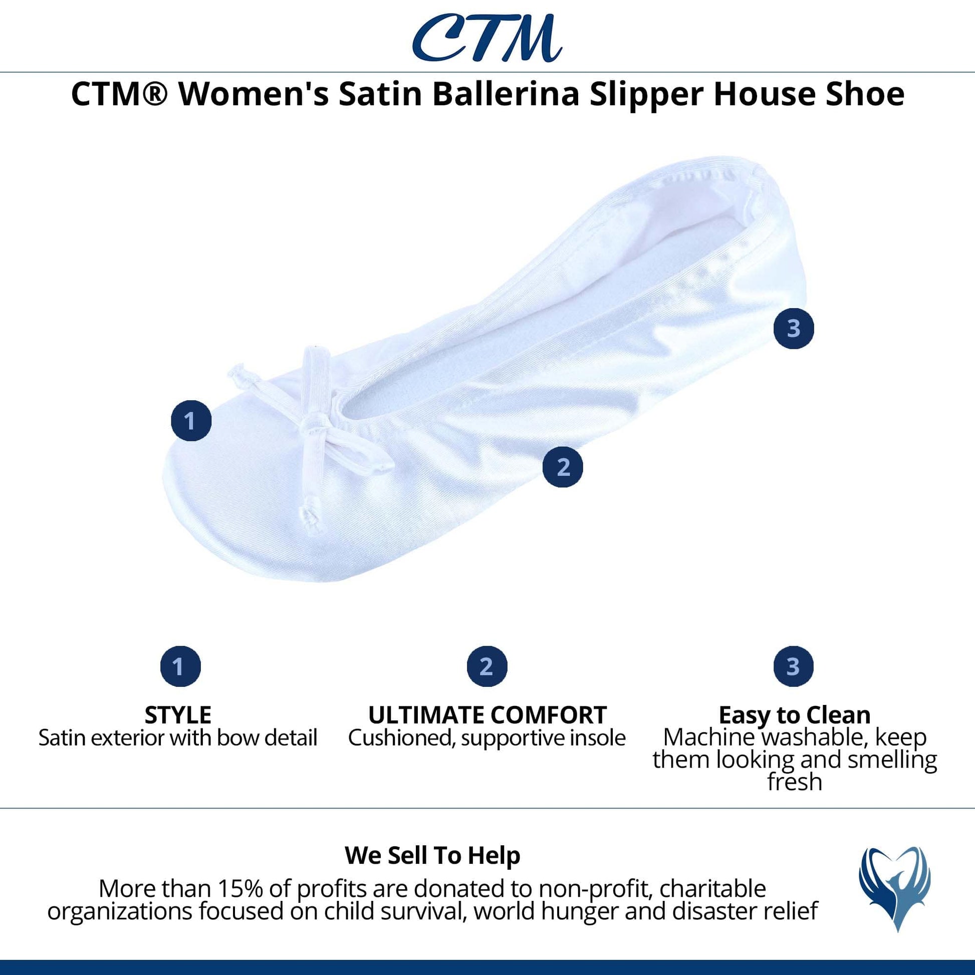 CTM® Women's Satin Ballerina Slipper House Shoe - White