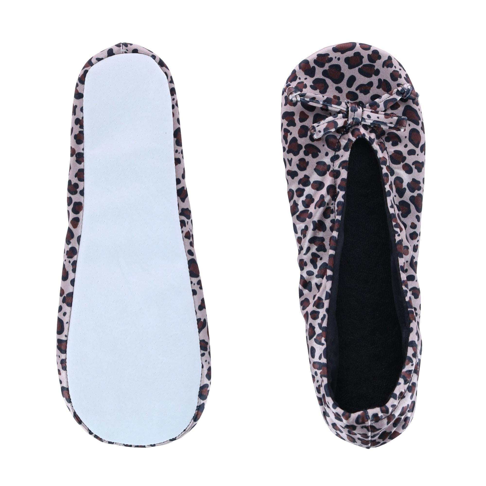 CTM® Women's Satin Ballerina Slipper House Shoe (Pack of 2) - Black & Leopard