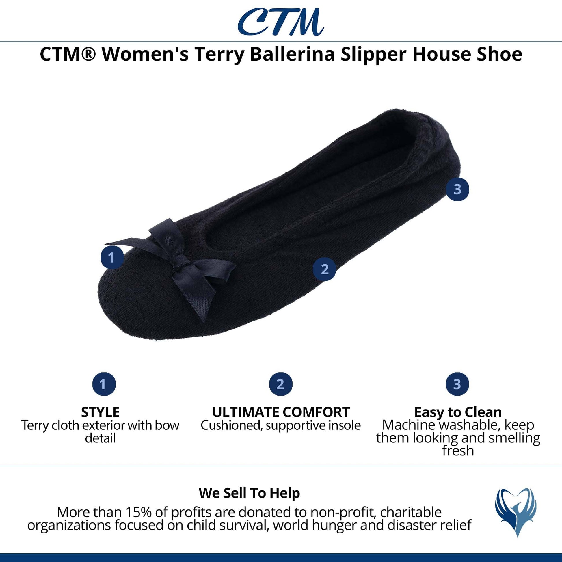 CTM® Women's Terry Ballerina Slipper House Shoe - Black