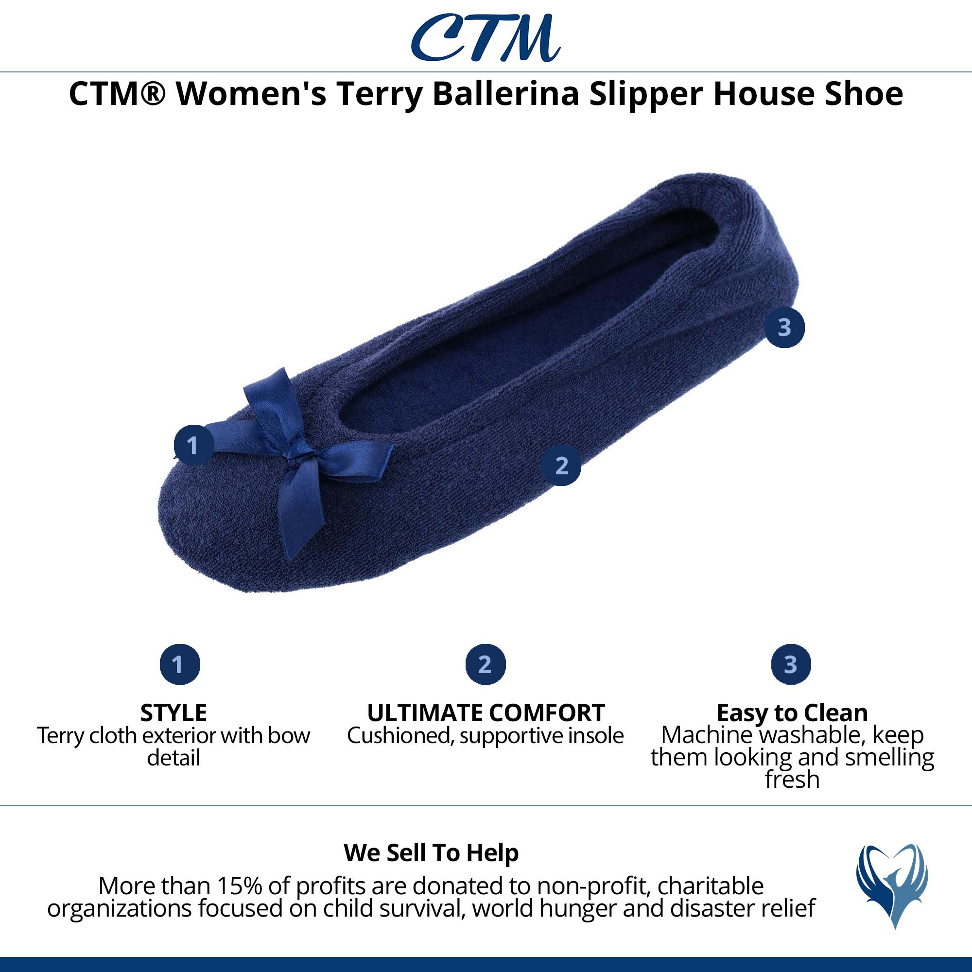 CTM® Women's Terry Ballerina Slipper House Shoe - Navy