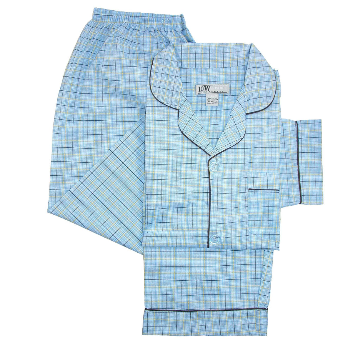 Ten West Apparel Men's Long Sleeve Long Pant Pajama Set - Blue Plaid Stripe