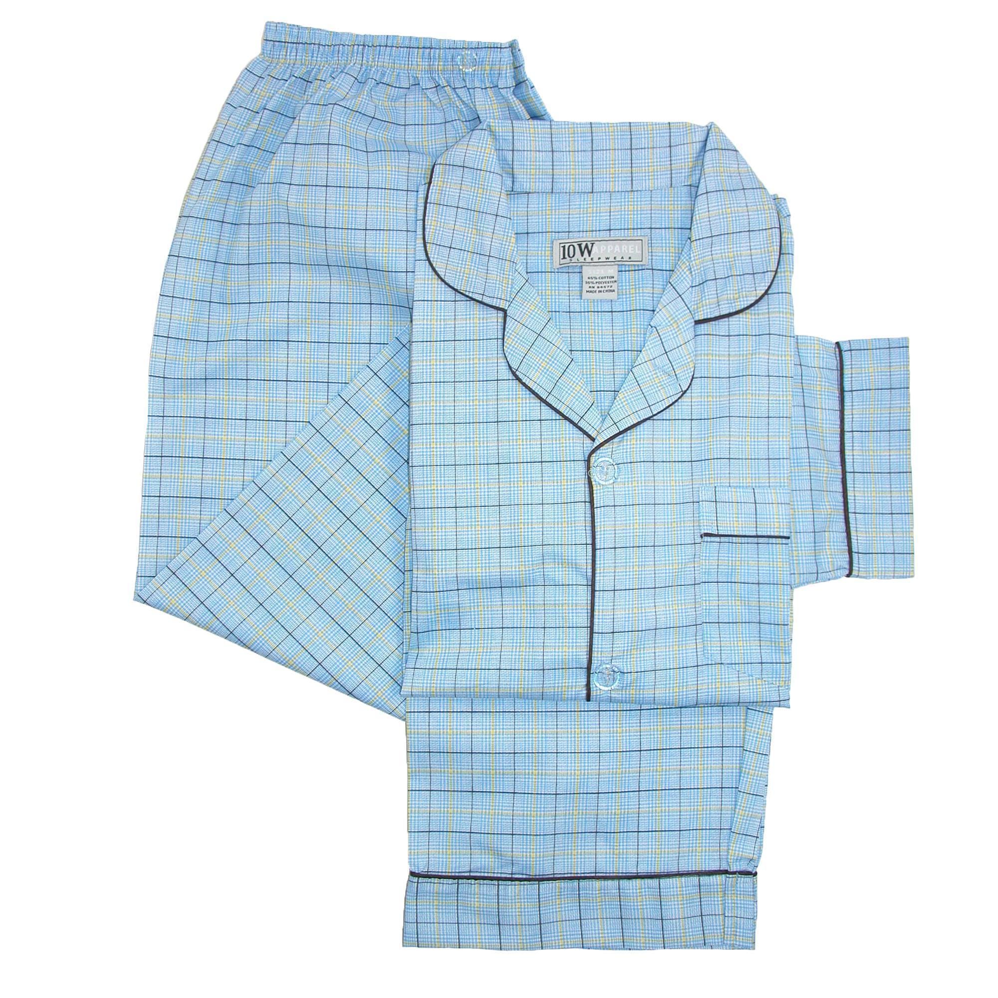 Ten West Apparel Men's Long Sleeve Long Pant Pajama Set - Blue Plaid Stripe