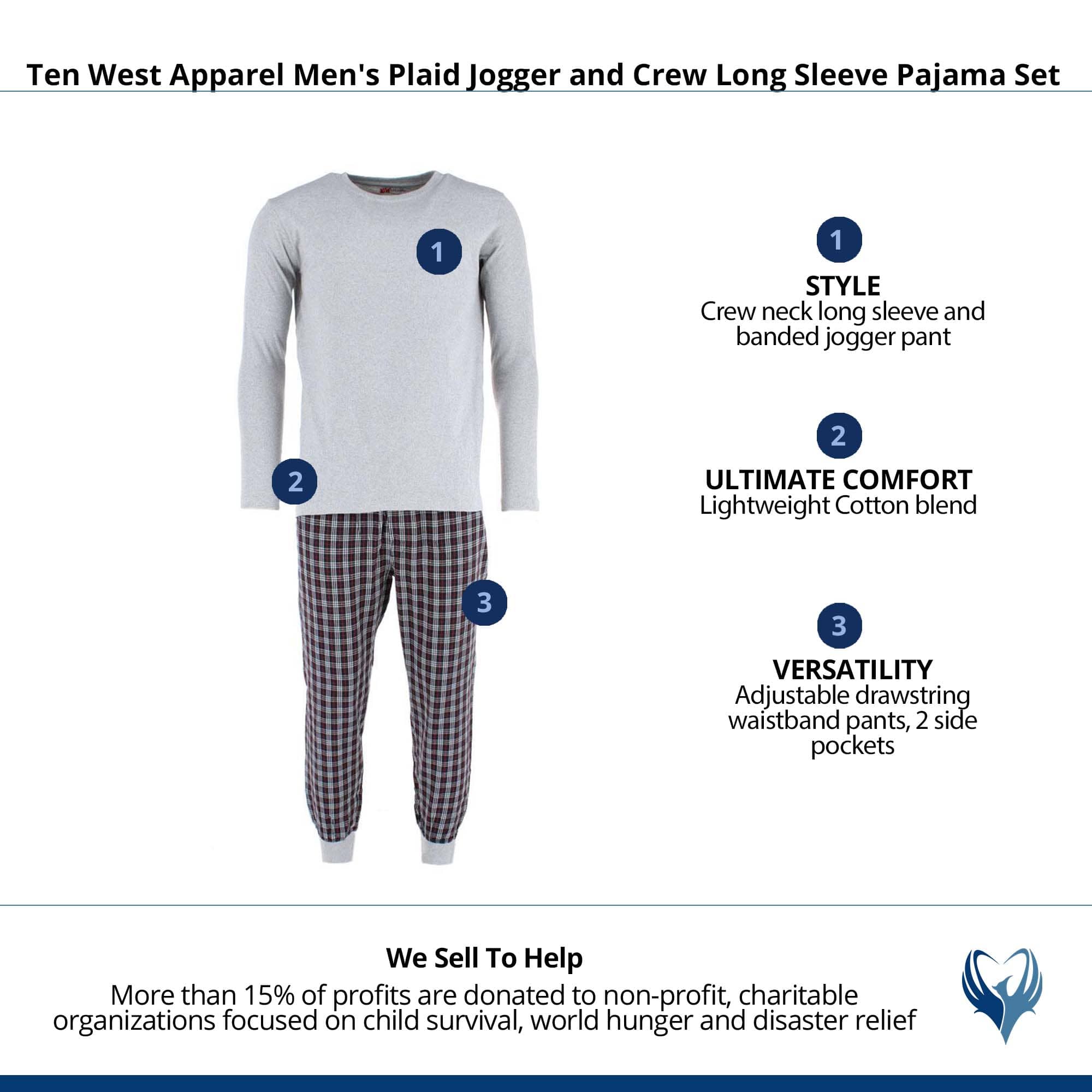 Ten West Apparel Men's Plaid Jogger and Crew Long Sleeve Pajama Set - Black