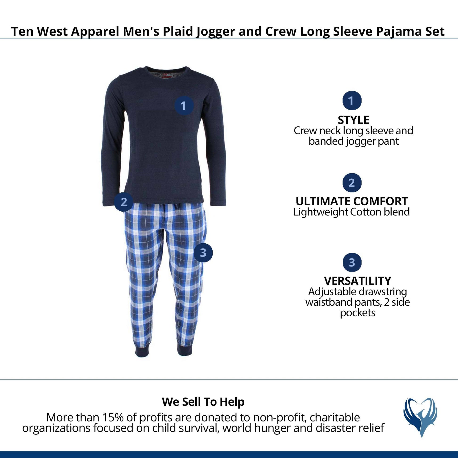 Ten West Apparel Men's Plaid Jogger and Crew Long Sleeve Pajama Set - Blue