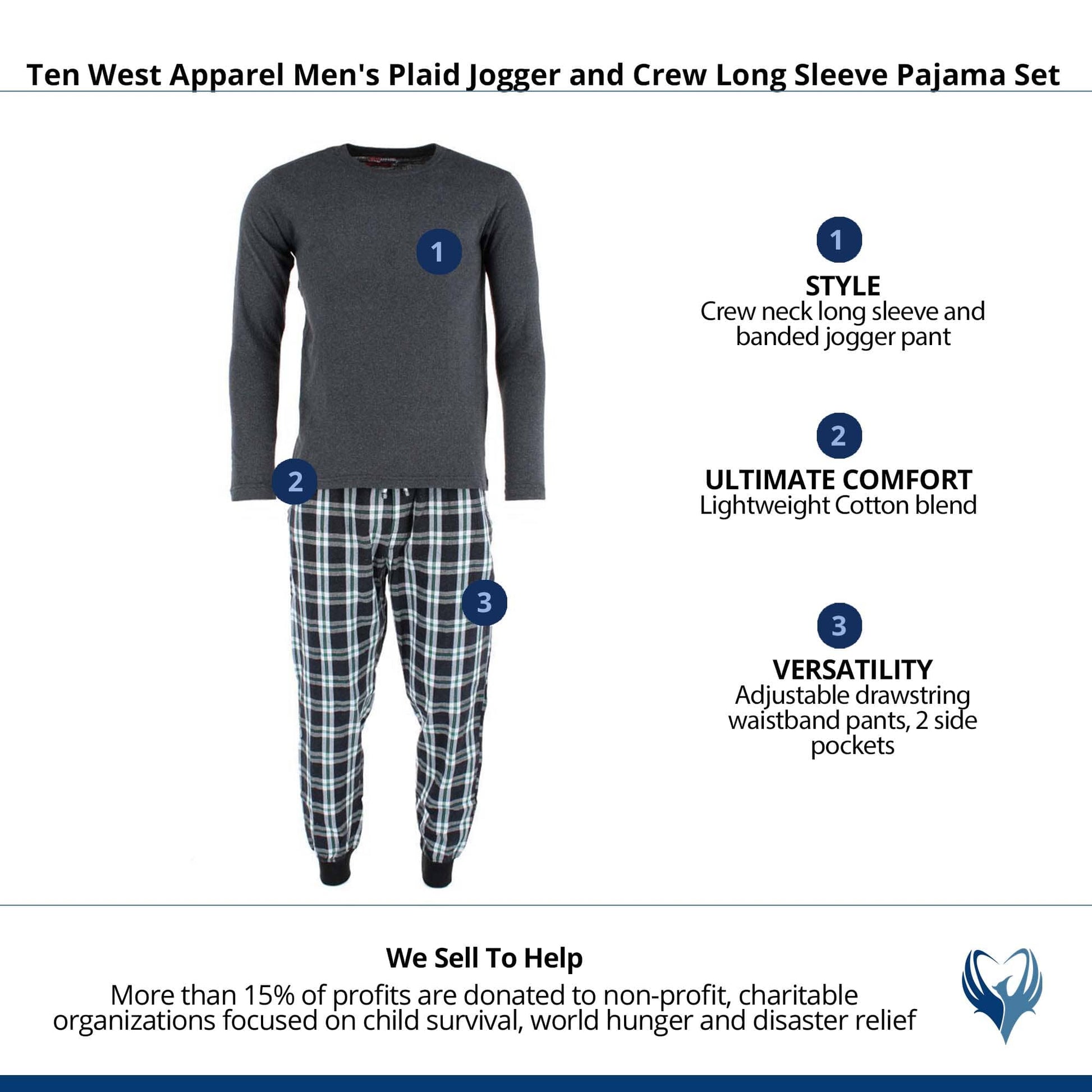 Ten West Apparel Men's Plaid Jogger and Crew Long Sleeve Pajama Set - Green