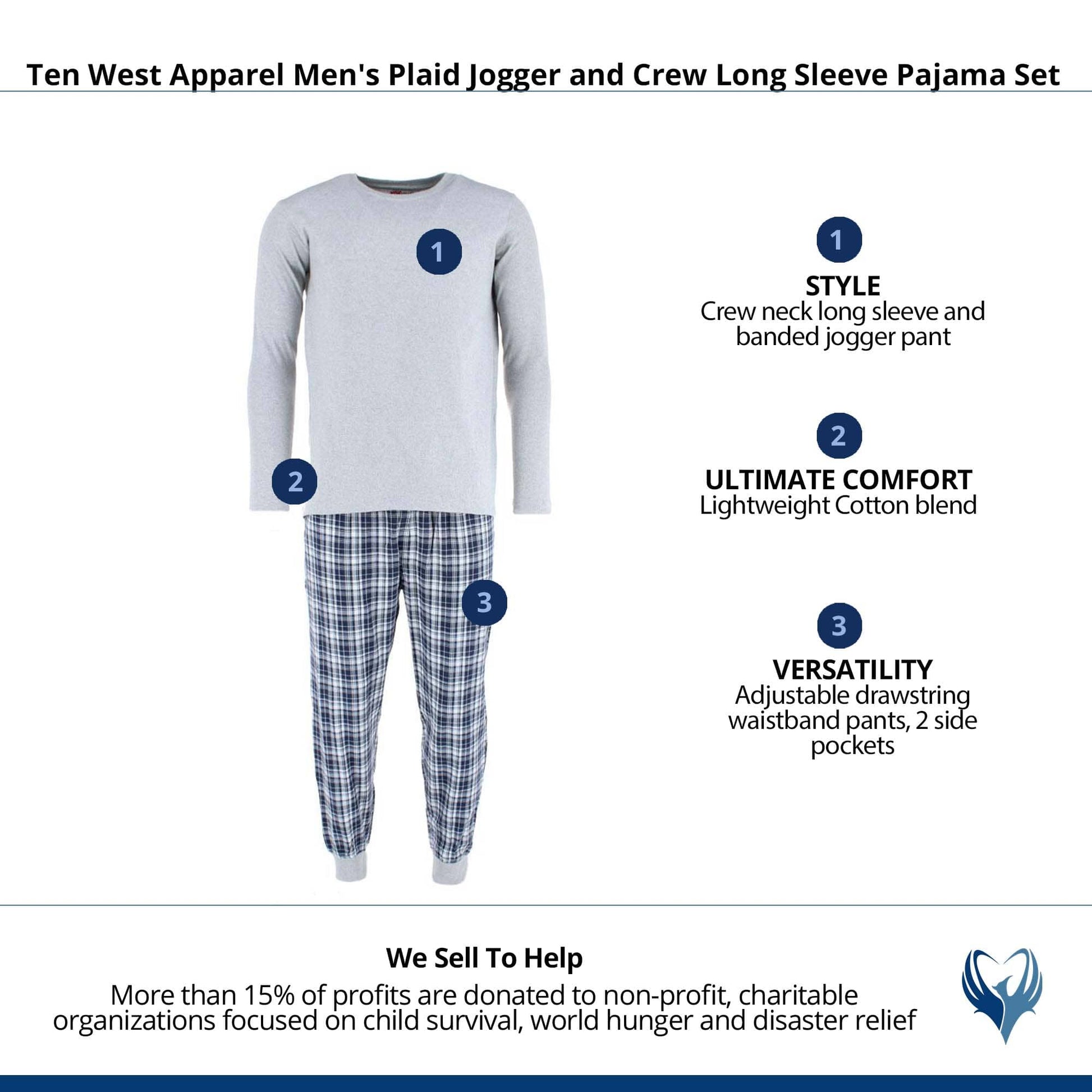 Ten West Apparel Men's Plaid Jogger and Crew Long Sleeve Pajama Set - Gray