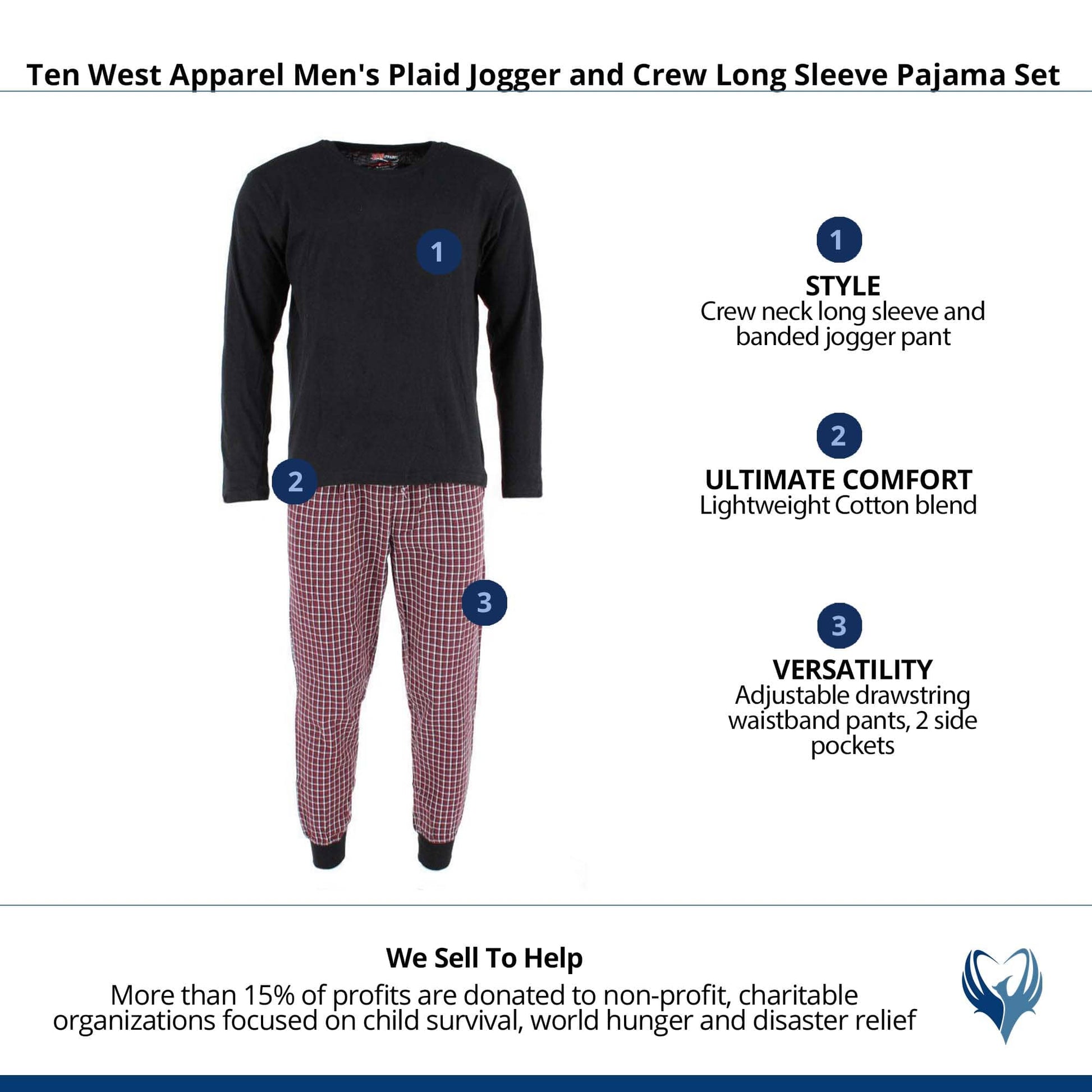 Ten West Apparel Men's Plaid Jogger and Crew Long Sleeve Pajama Set - Red