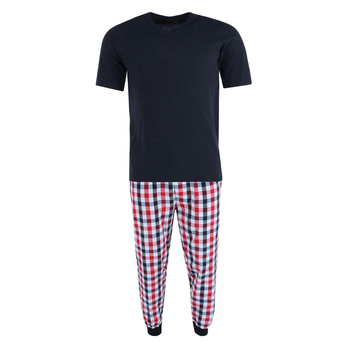 Ten West Apparel Men's V-Neck Top With Plaid Jogger Lounge Set - Red / Black