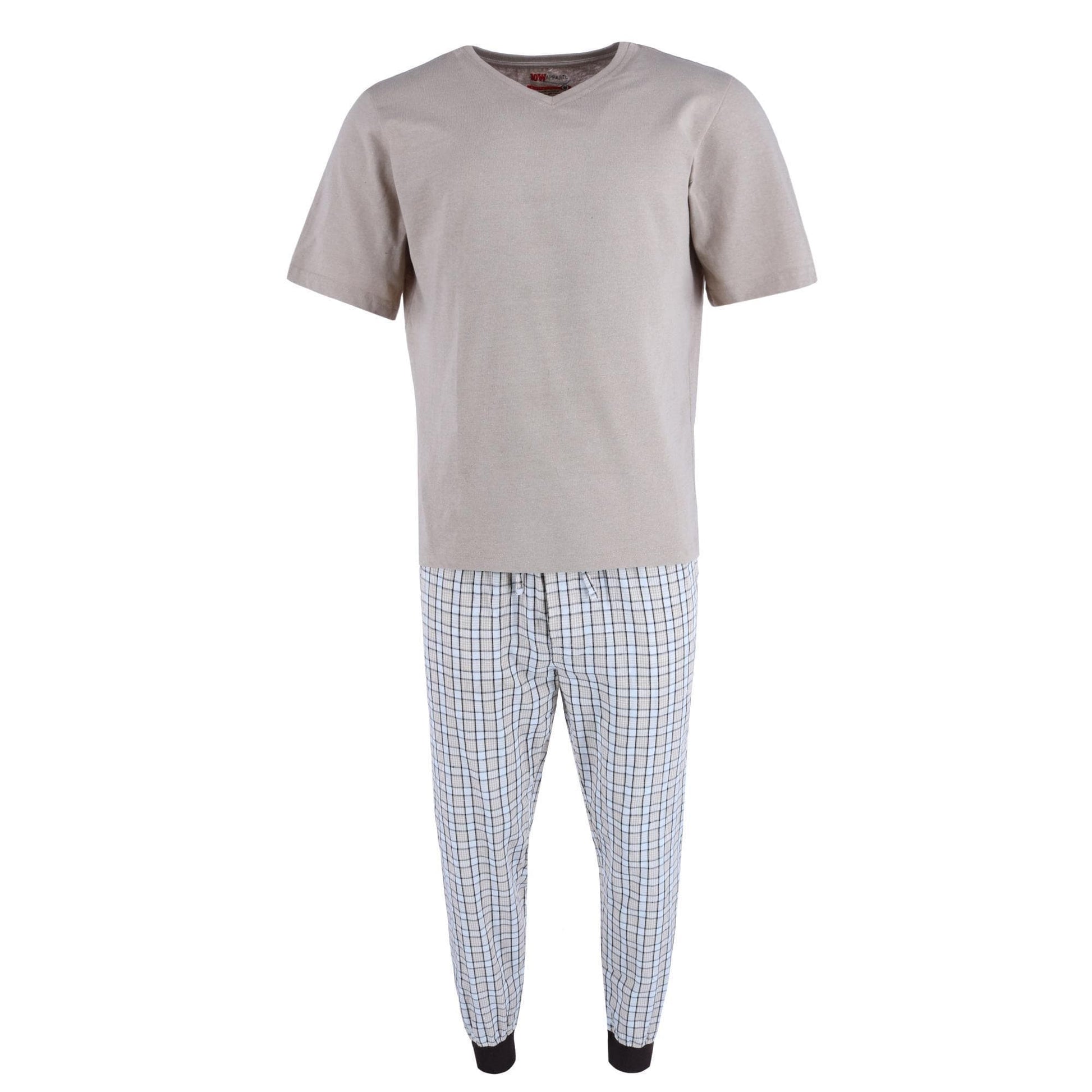 Ten West Apparel Men's V-Neck Top With Plaid Jogger Lounge Set - White / Beige