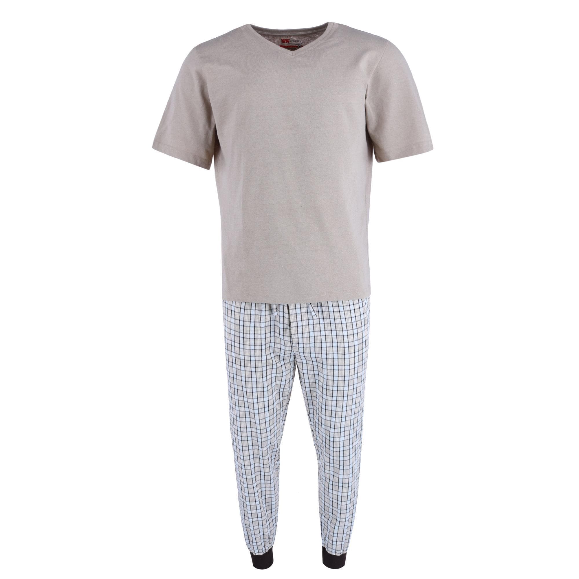 Ten West Apparel Men's V-Neck Top With Plaid Jogger Lounge Set - White / Beige