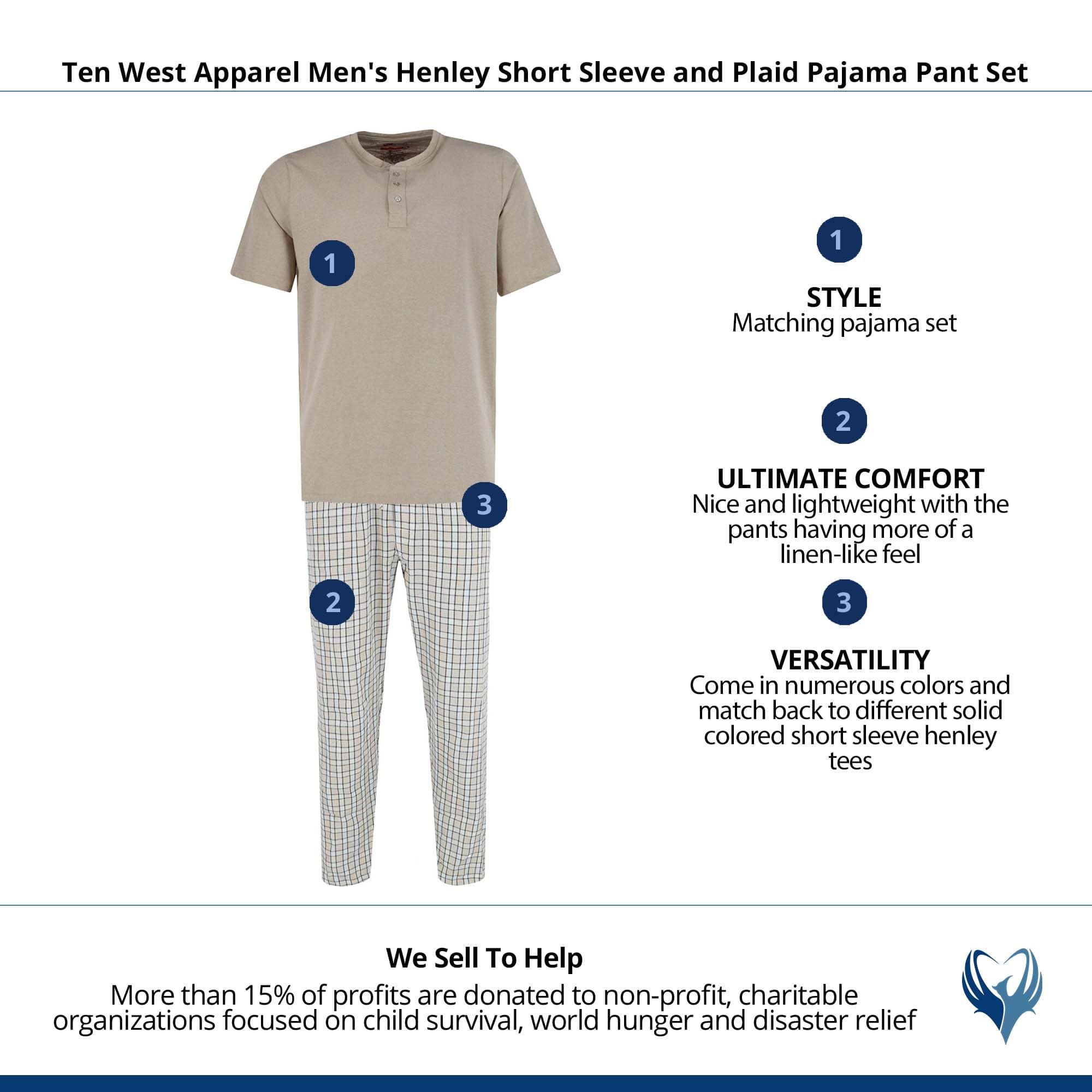 Ten West Apparel Men's Henley Short Sleeve and Plaid Pajama Pant Set - Beige/Black