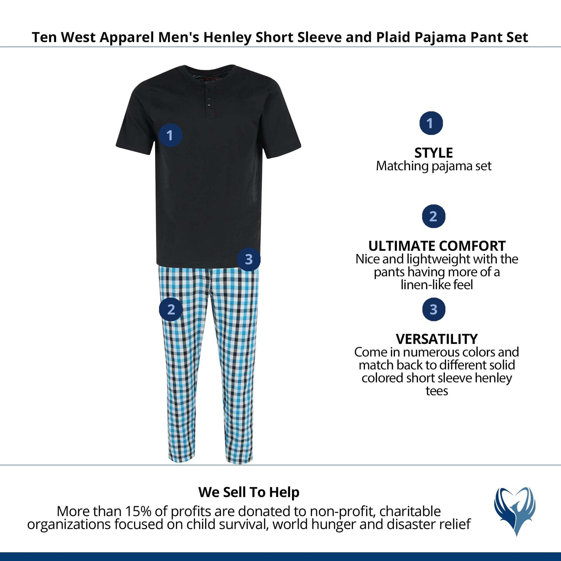 Ten West Apparel Men's Henley Short Sleeve and Plaid Pajama Pant Set - Black/Blue
