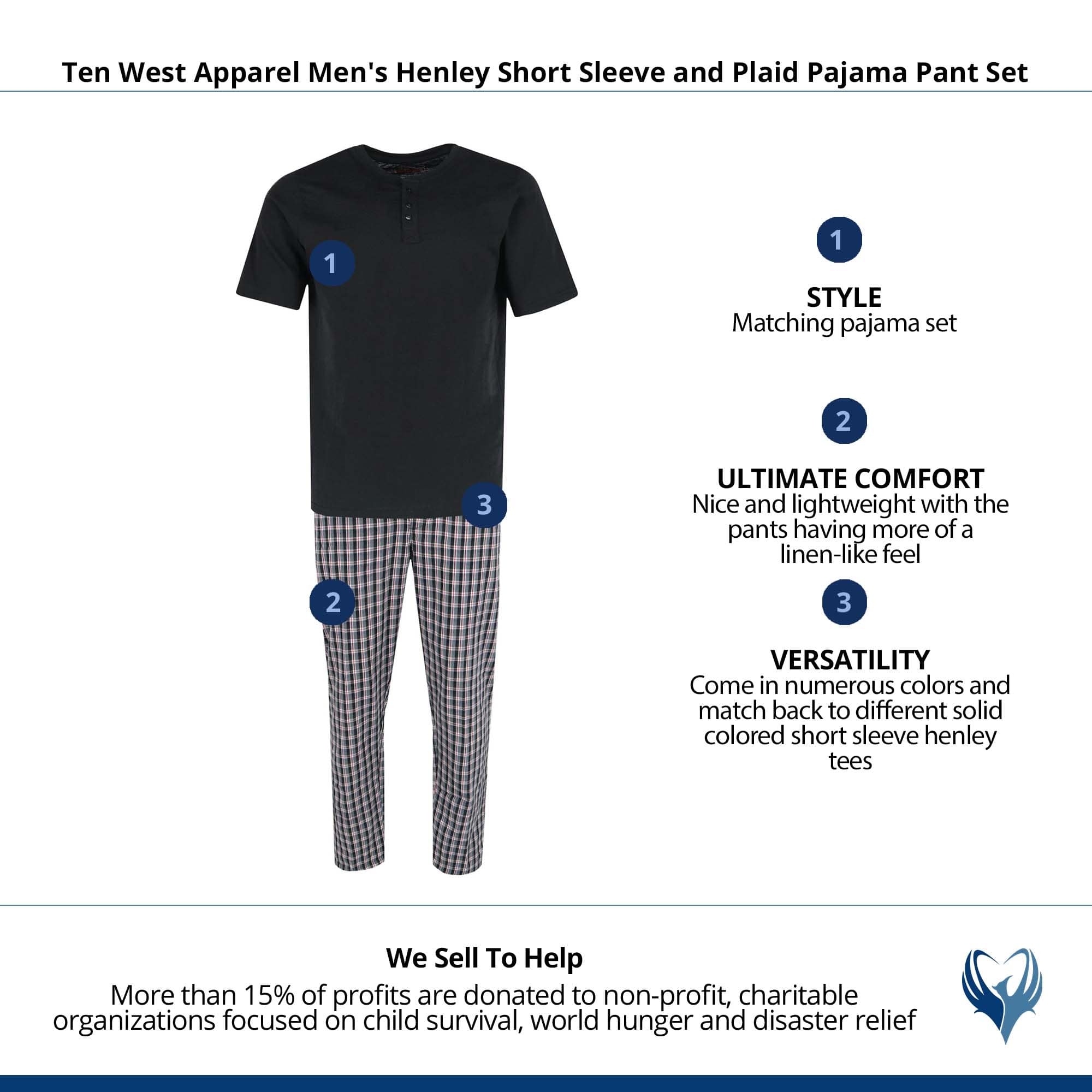 Ten West Apparel Men's Henley Short Sleeve and Plaid Pajama Pant Set - Black/White