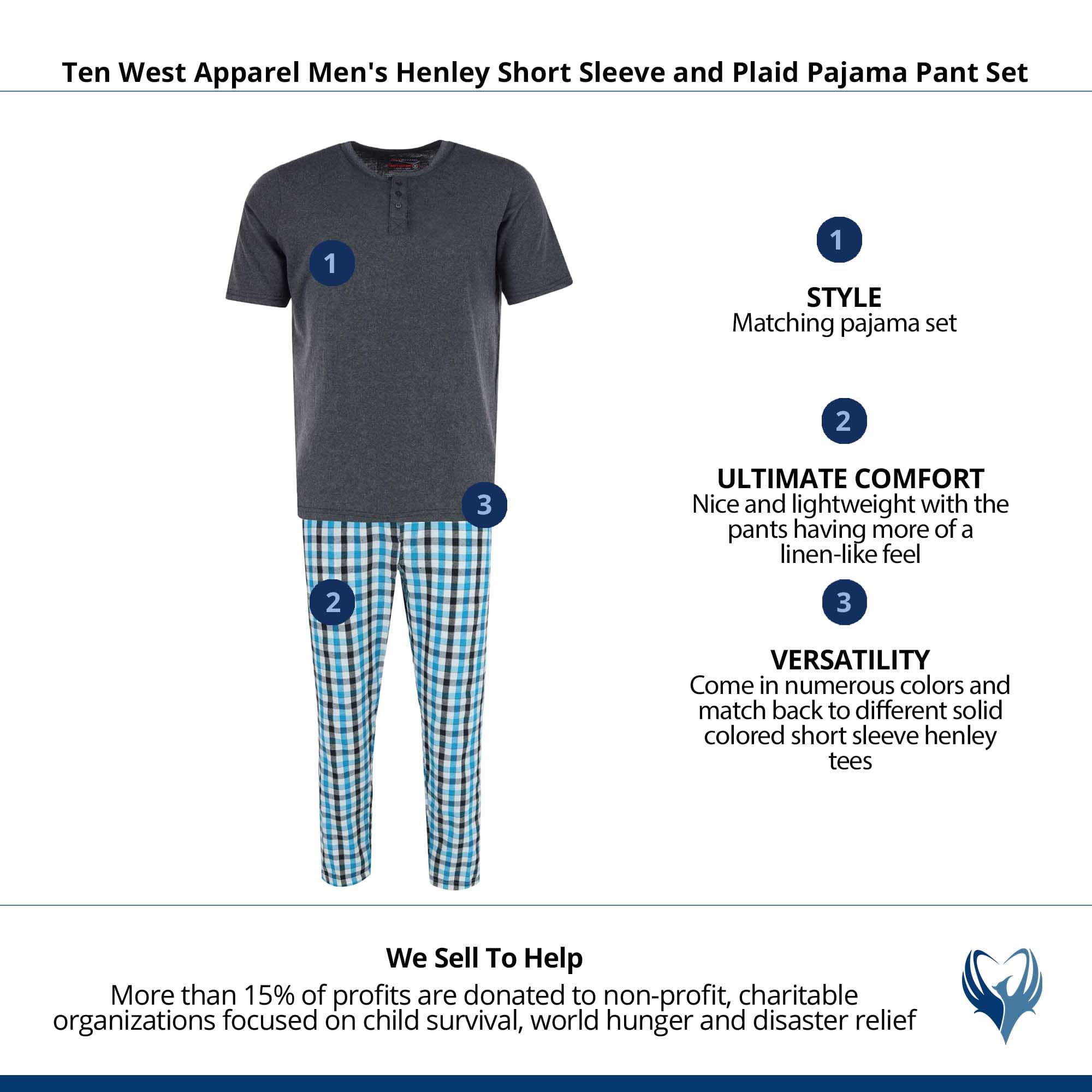 Ten West Apparel Men's Henley Short Sleeve and Plaid Pajama Pant Set - Grey/Blue
