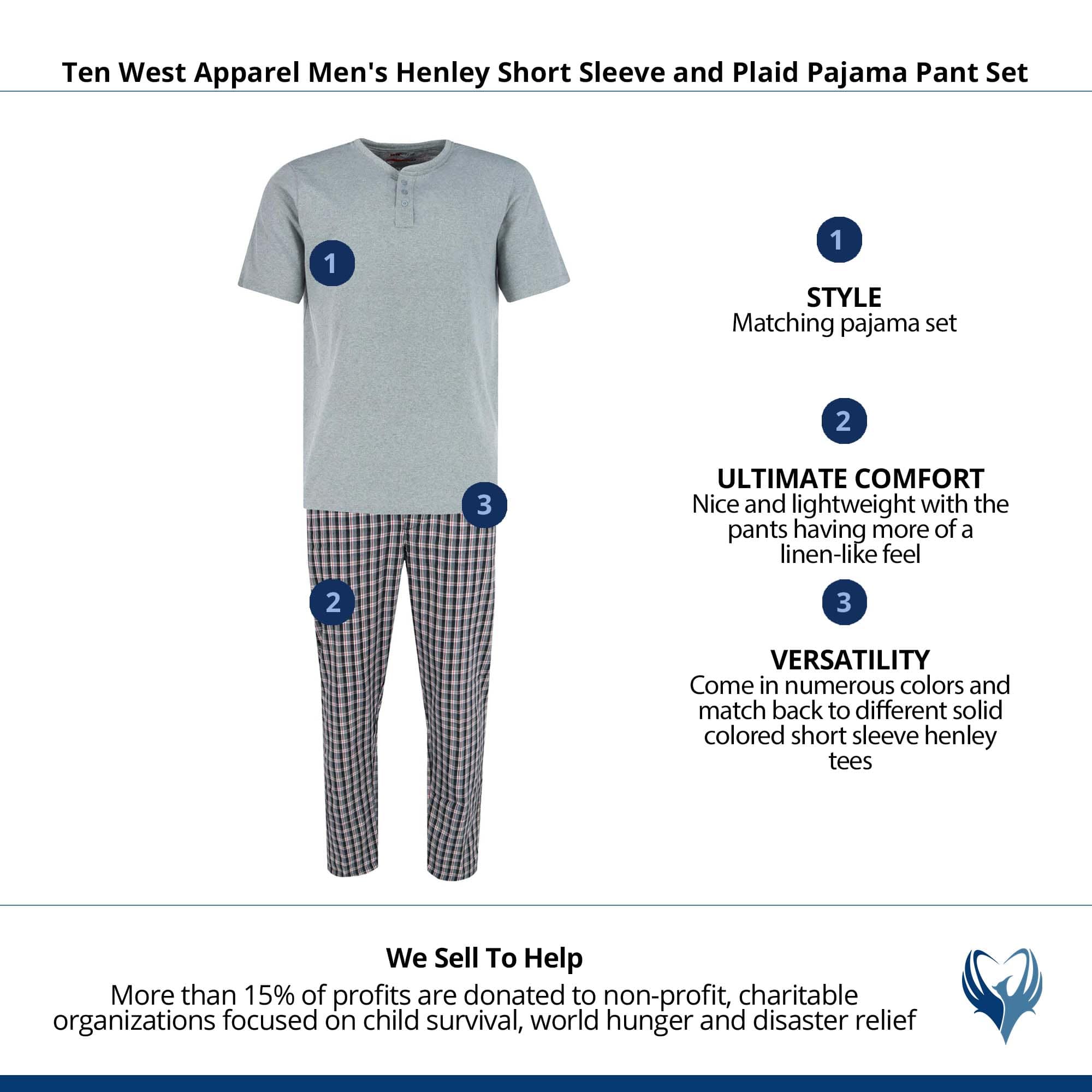 Ten West Apparel Men's Henley Short Sleeve and Plaid Pajama Pant Set - Grey/Black