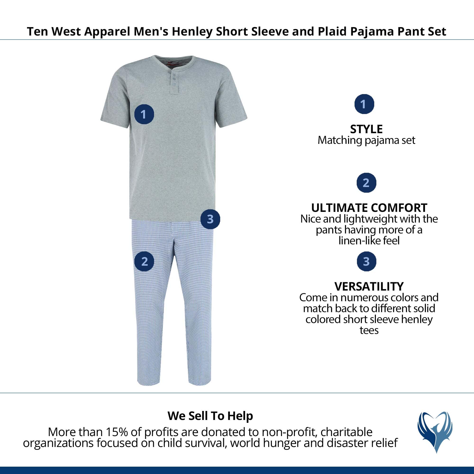 Ten West Apparel Men's Henley Short Sleeve and Plaid Pajama Pant Set - Grey/Navy