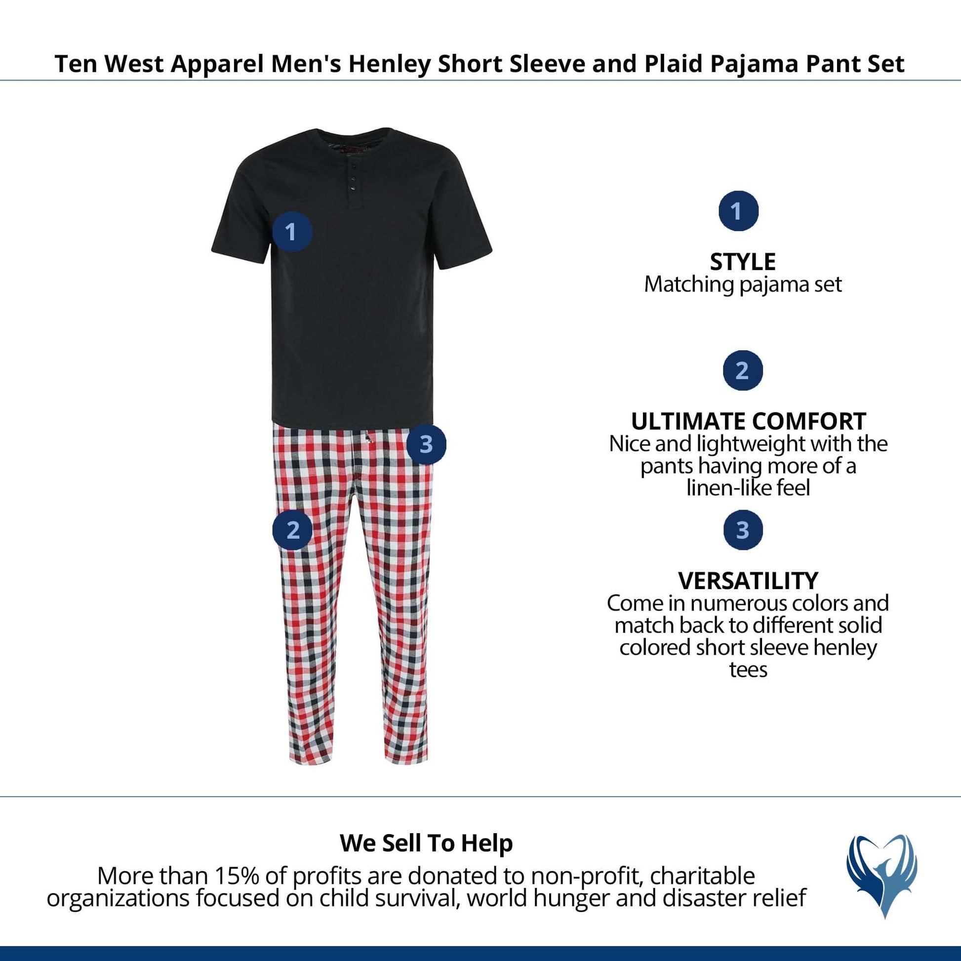 Ten West Apparel Men's Henley Short Sleeve and Plaid Pajama Pant Set - Black/Red