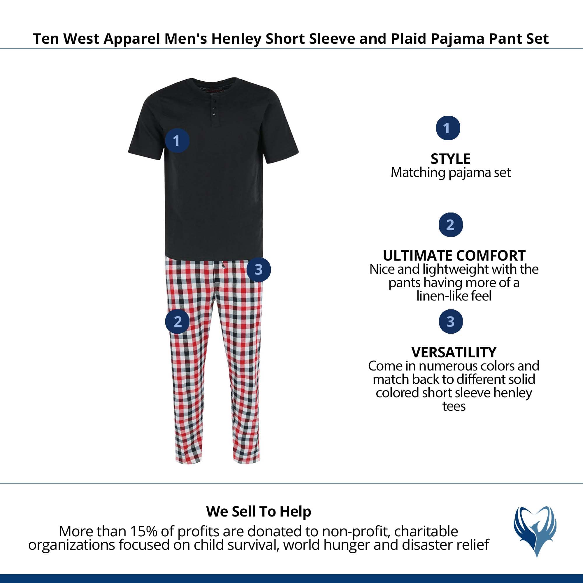 Ten West Apparel Men's Henley Short Sleeve and Plaid Pajama Pant Set - Black/Red