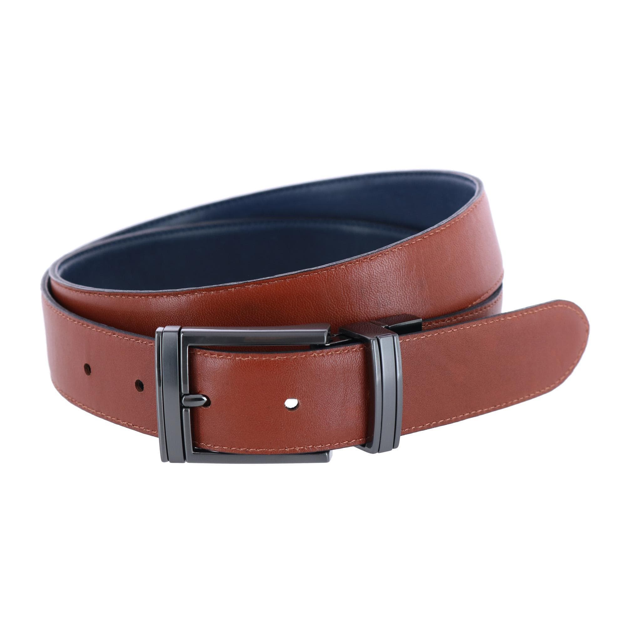 Trafalgar Men's Maverick 32mm Reversible Leather Dress Belt - Navy to Tan