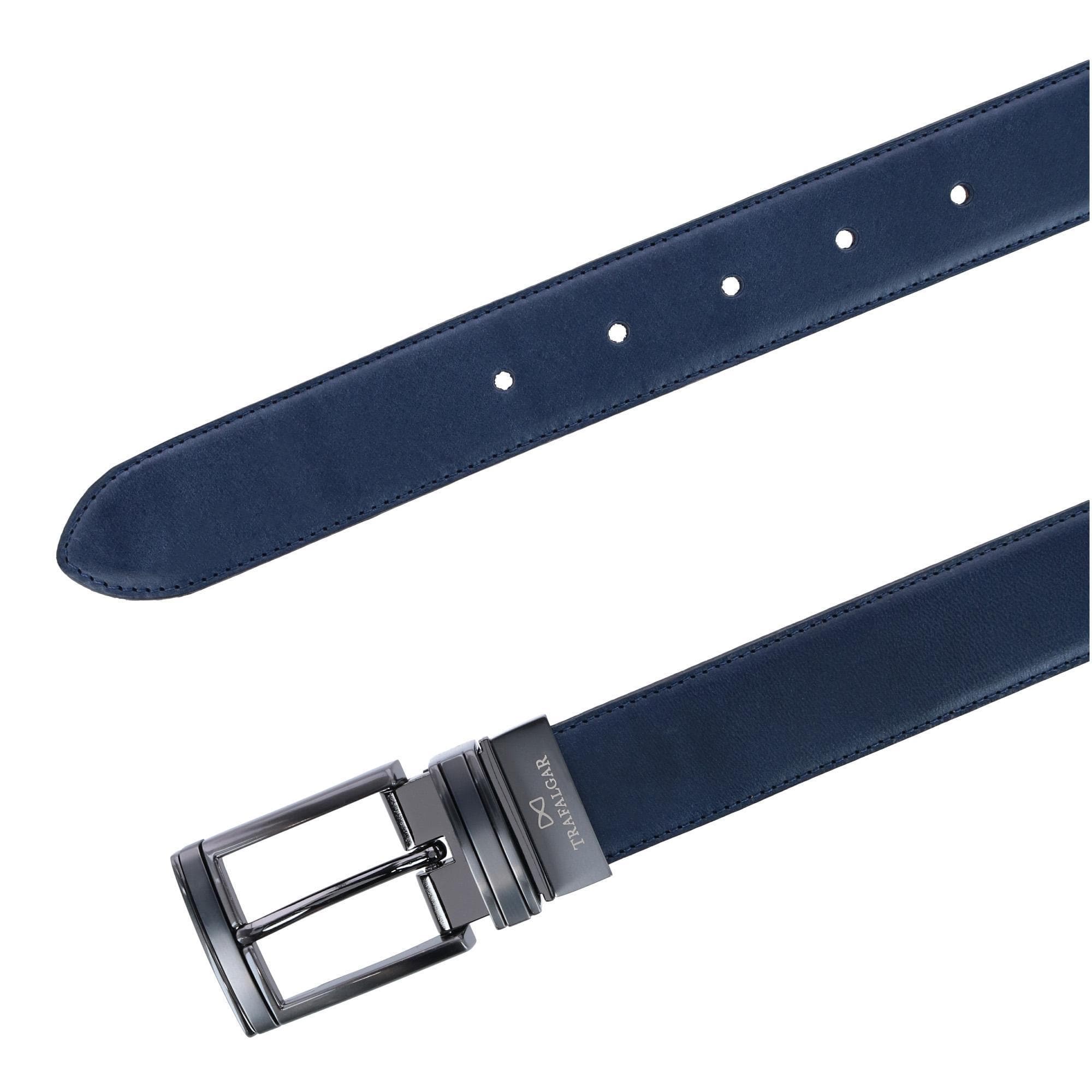 Trafalgar Men's Maverick 32mm Reversible Leather Dress Belt - Navy to Tan