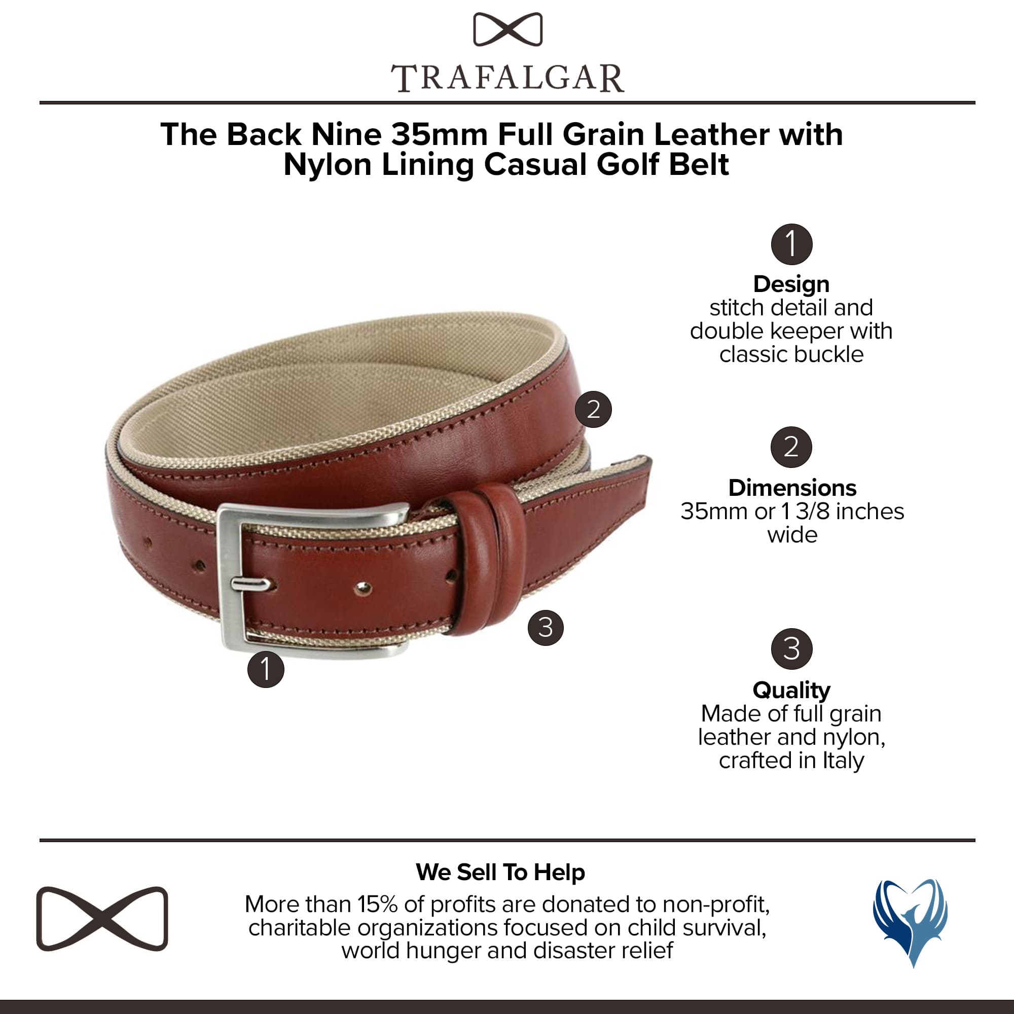 Trafalgar Men's The Back Nine Leather and Nylon Golf Belt - Cognac with Tan Lining