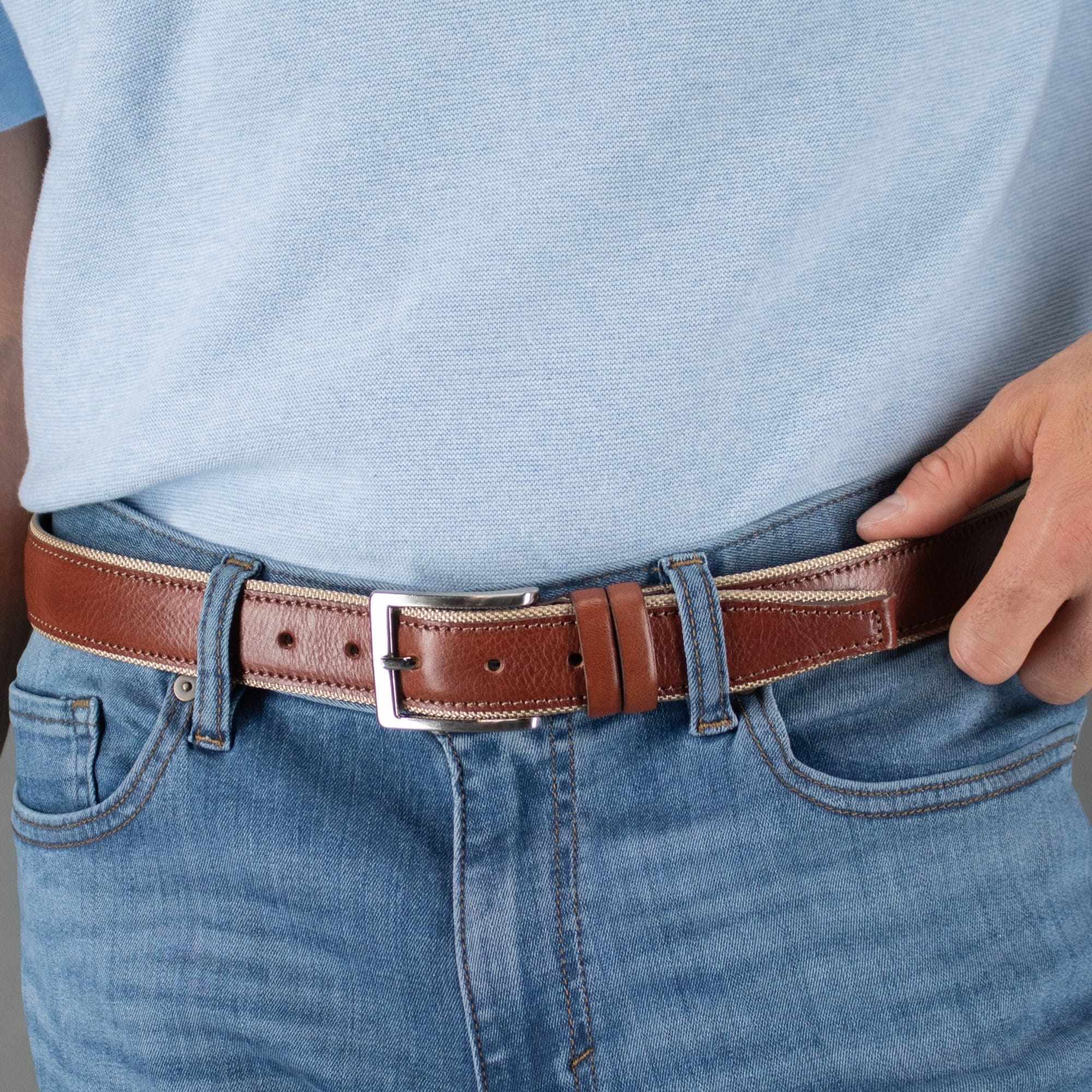Trafalgar Men's The Back Nine Leather and Nylon Golf Belt - Cognac with Tan Lining